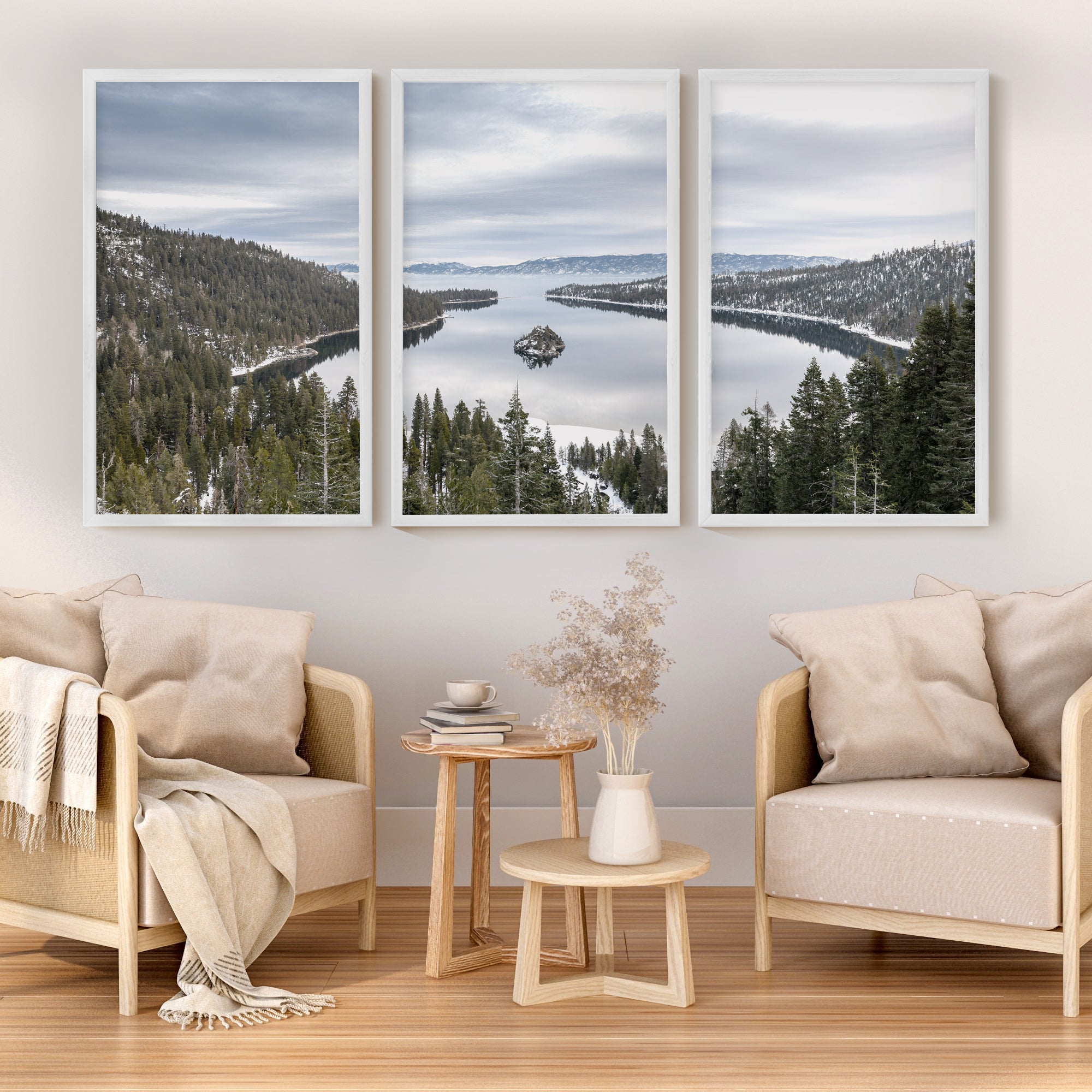 Lake Tahoe, Sierra Nevada Triptych – Mountain Wall Art Set of 3 - White Framed Poster No Border - Artworksets