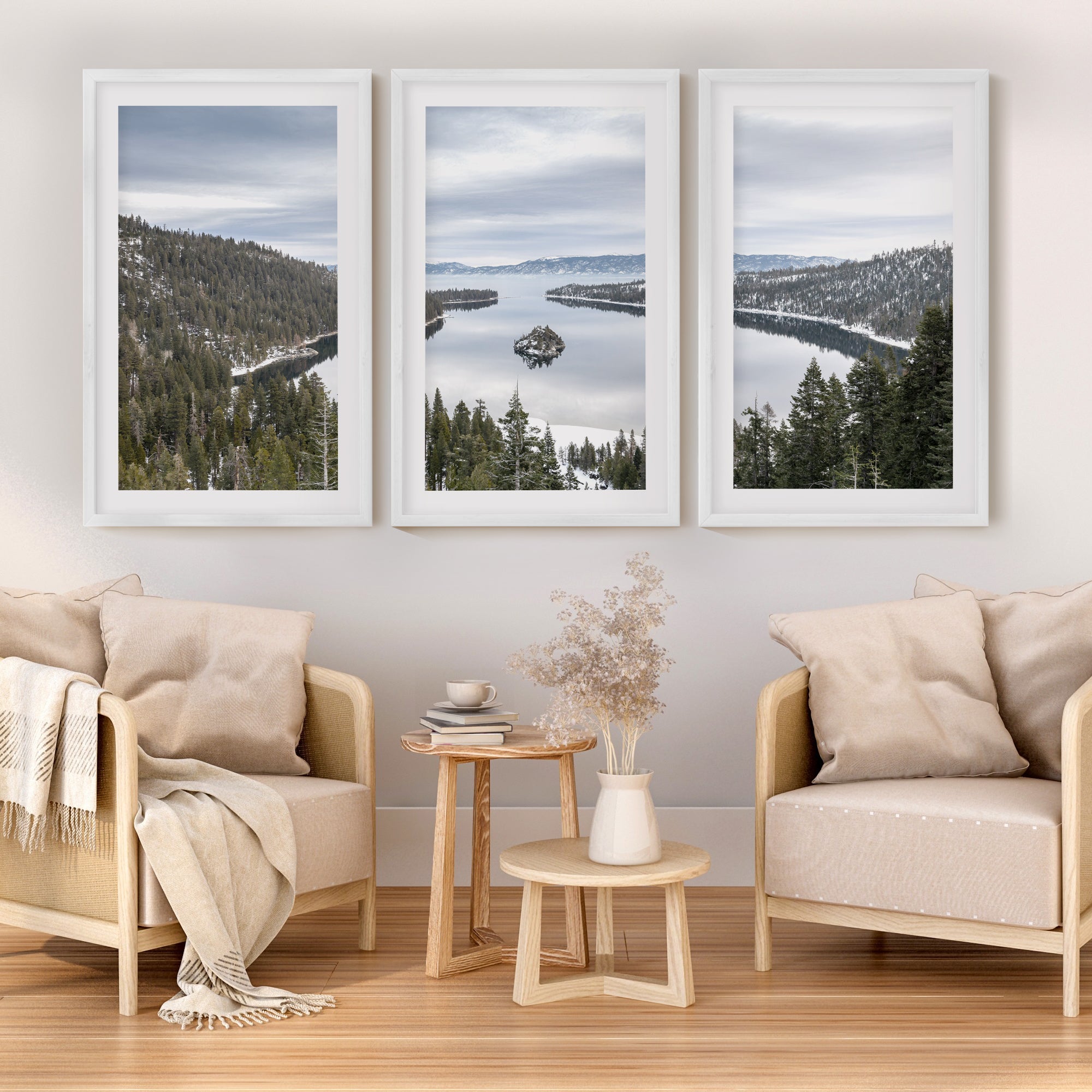 Lake Tahoe, Sierra Nevada Triptych – Mountain Wall Art Set of 3 - White Framed Poster with White Border - Artworksets