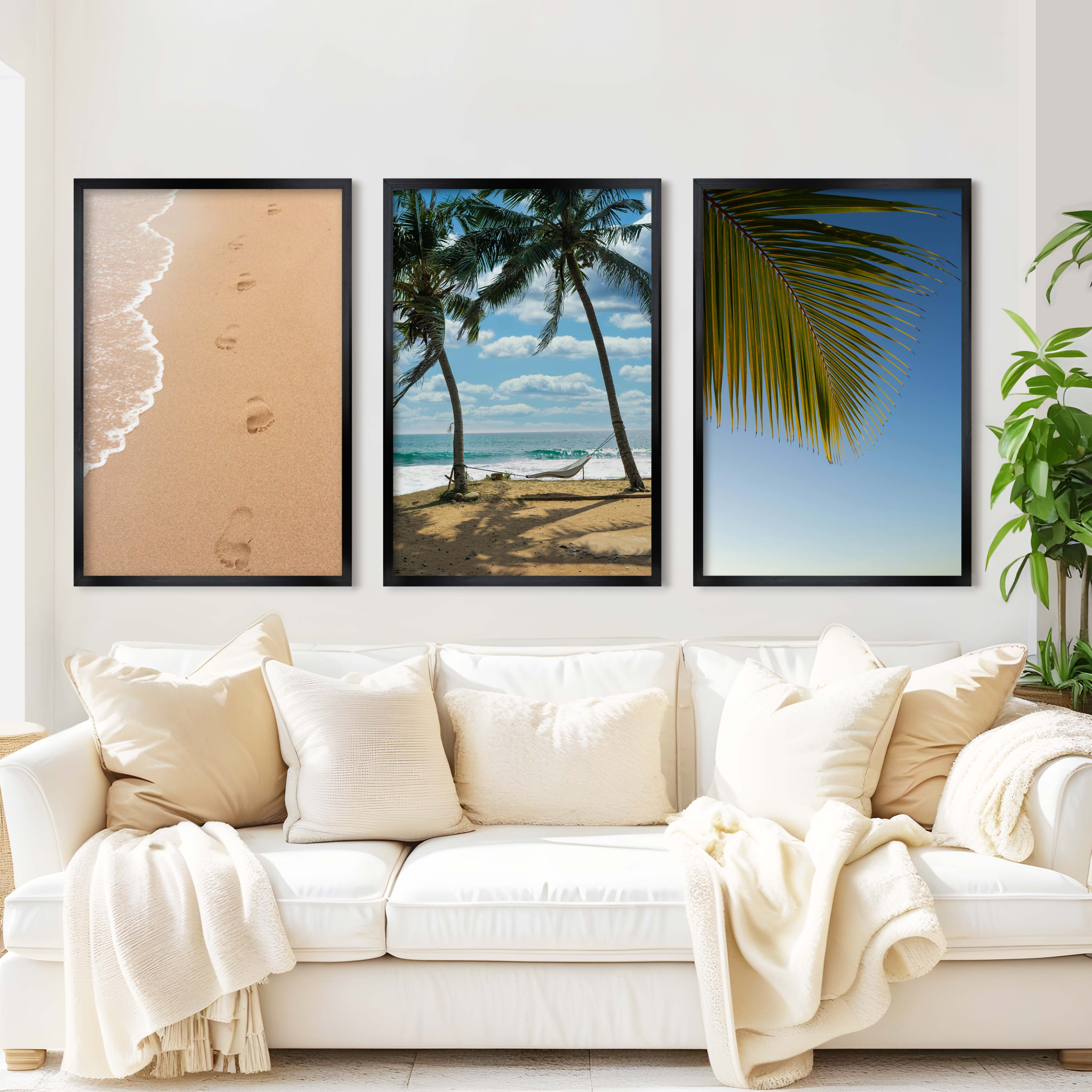 Large Coastal Art – Footprints & Palm Beach Trio - Black Framed Poster No Border - Artworksets