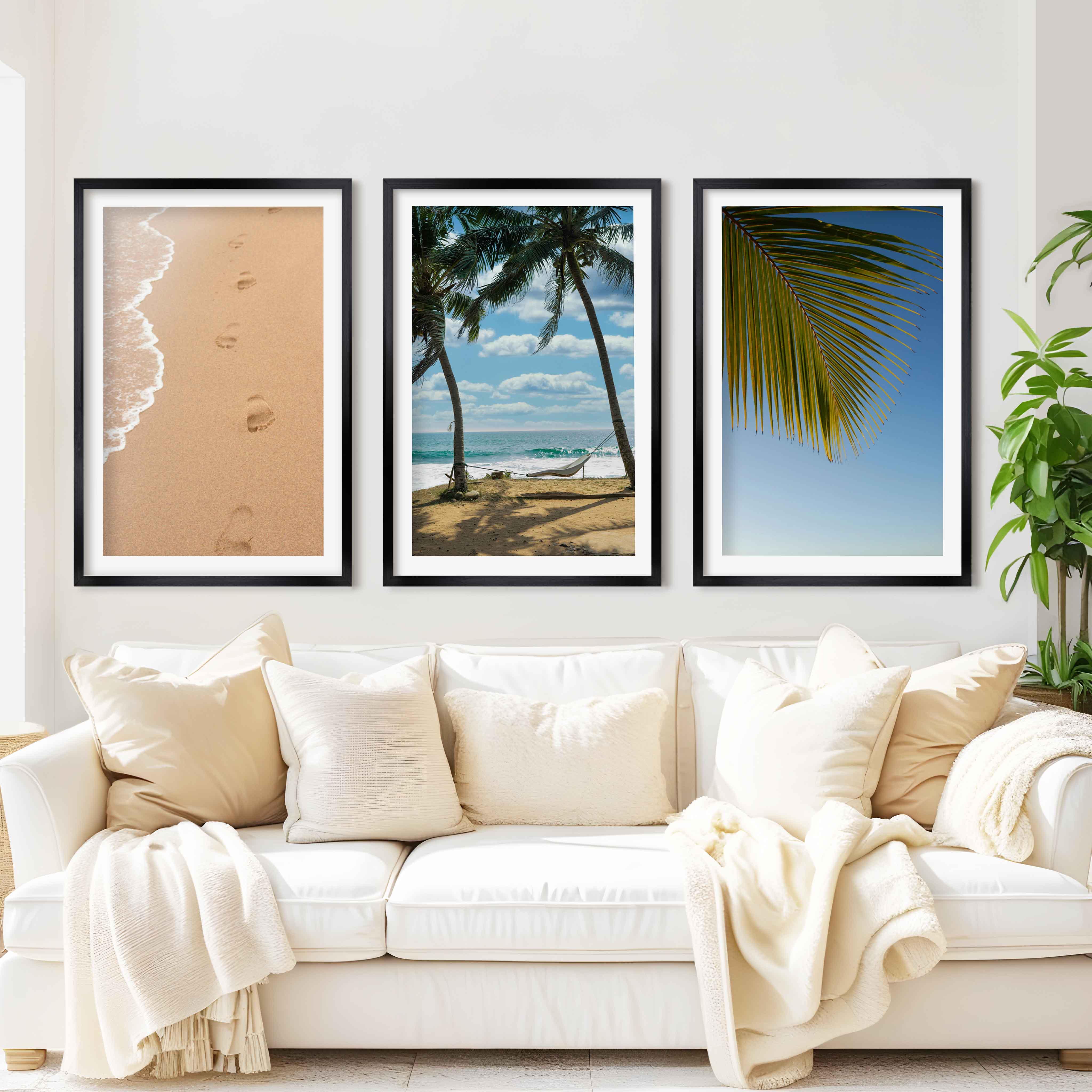 Large Coastal Art – Footprints & Palm Beach Trio - Black Framed Poster with White Border - Artworksets