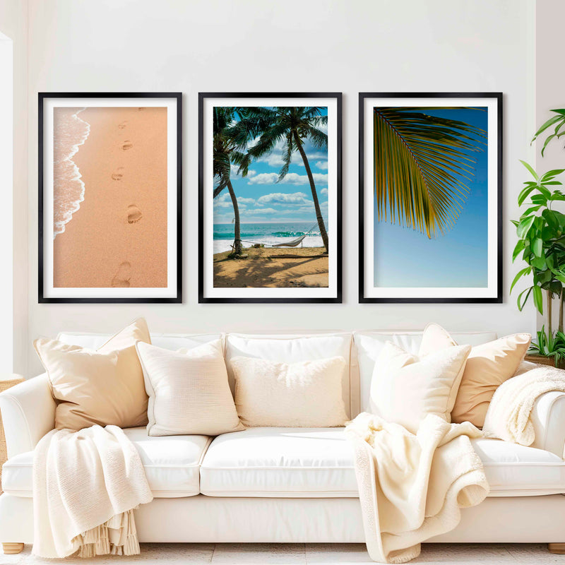 Large Coastal Art – Footprints & Palm Beach Trio - Black Framed Poster with White Border - Artworksets