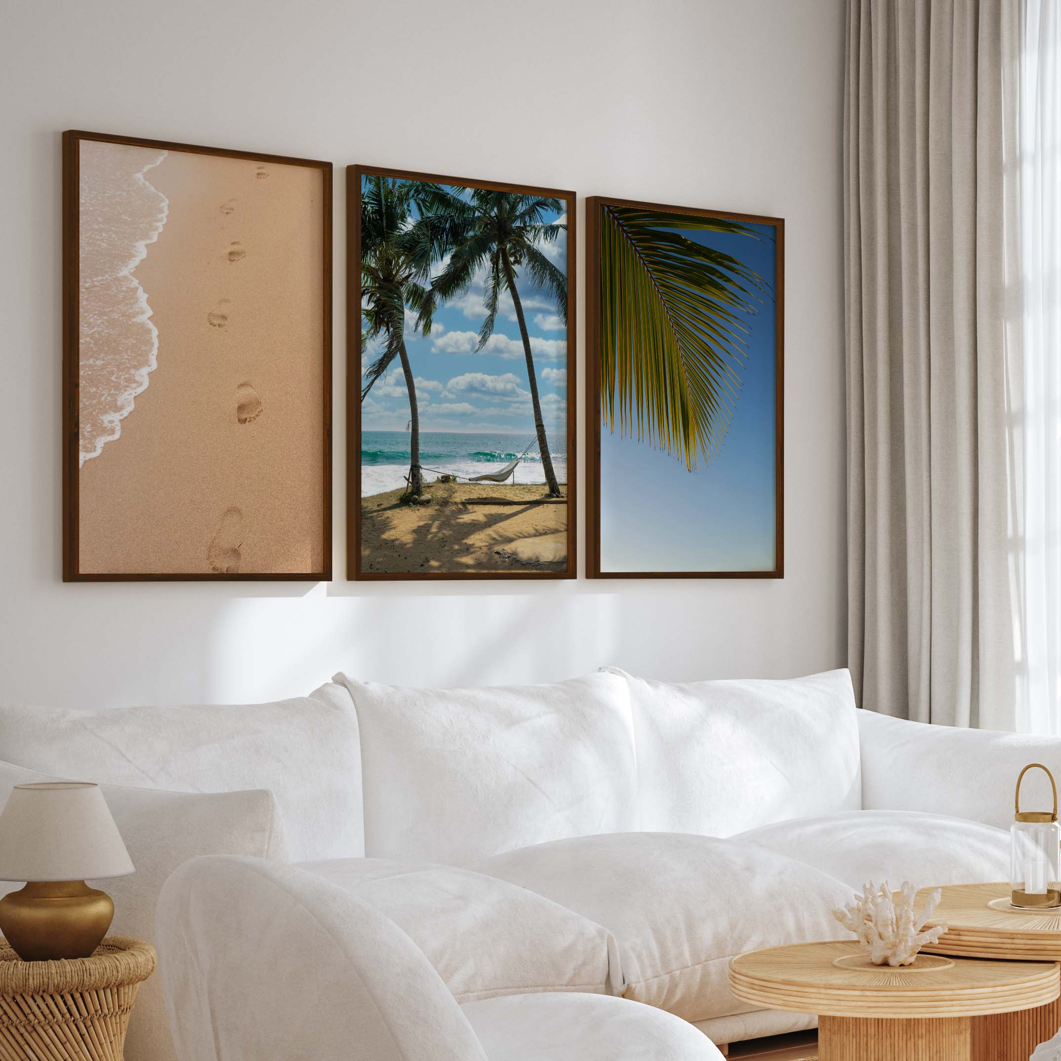 Large Coastal Art – Footprints & Palm Beach Trio - Dark Brown Framed Poster No Border - Artworksets