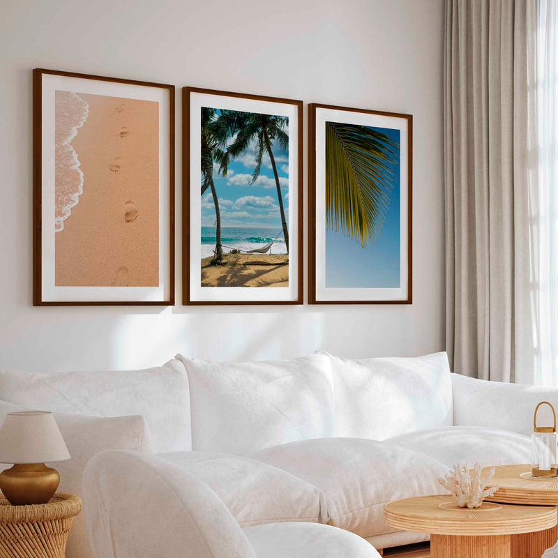 Large Coastal Art – Footprints & Palm Beach Trio - Dark Brown Framed Poster with White Border - Artworksets
