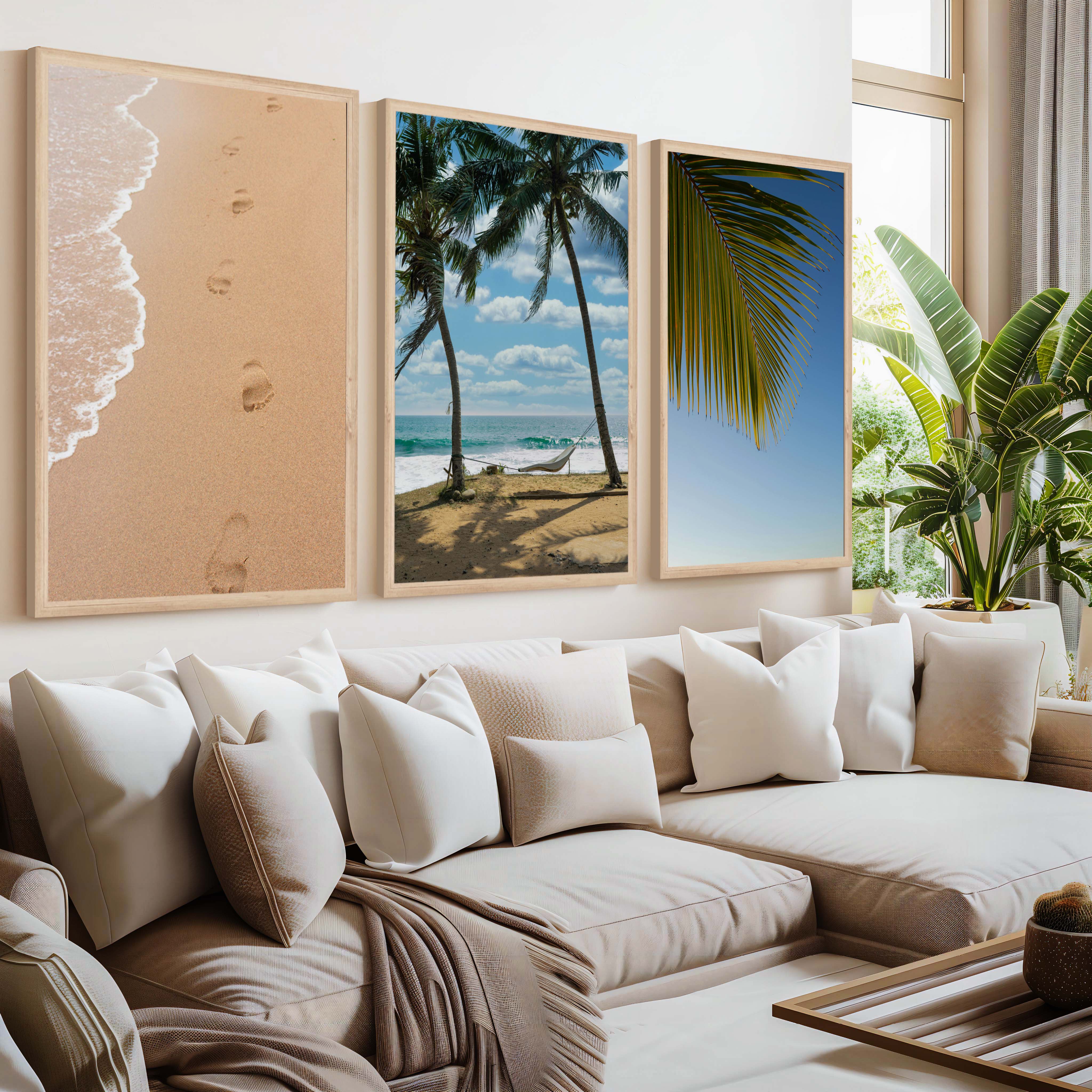 Large Coastal Art – Footprints & Palm Beach Trio - Natural Wood Framed Poster No Border - Artworksets