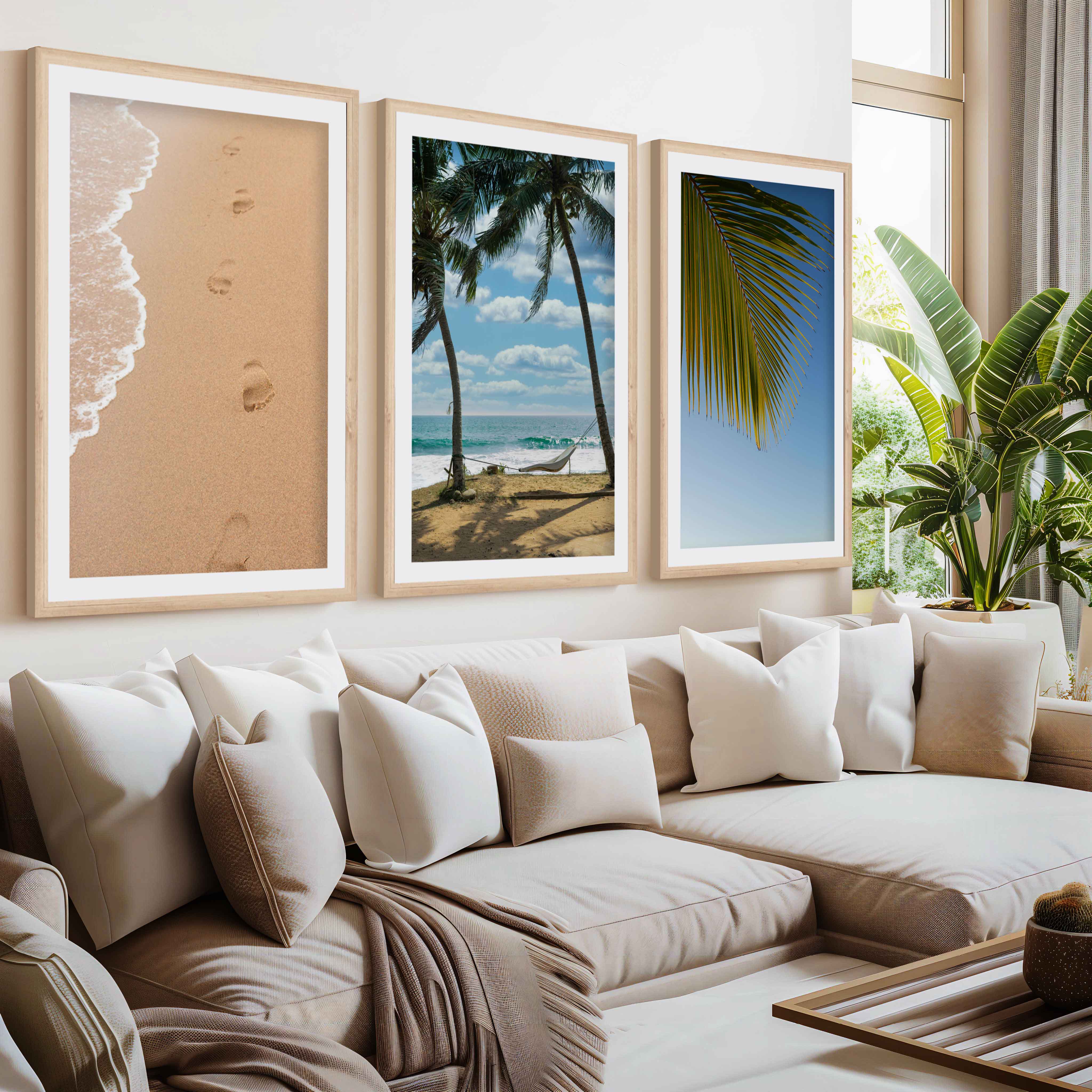 Large Coastal Art – Footprints & Palm Beach Trio- Natural Wood Framed Poster with White Border - Artworksets