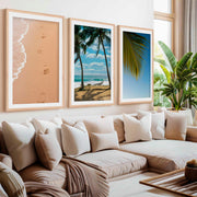 Large Coastal Art – Footprints & Palm Beach Trio- Natural Wood Framed Poster with White Border - Artworksets