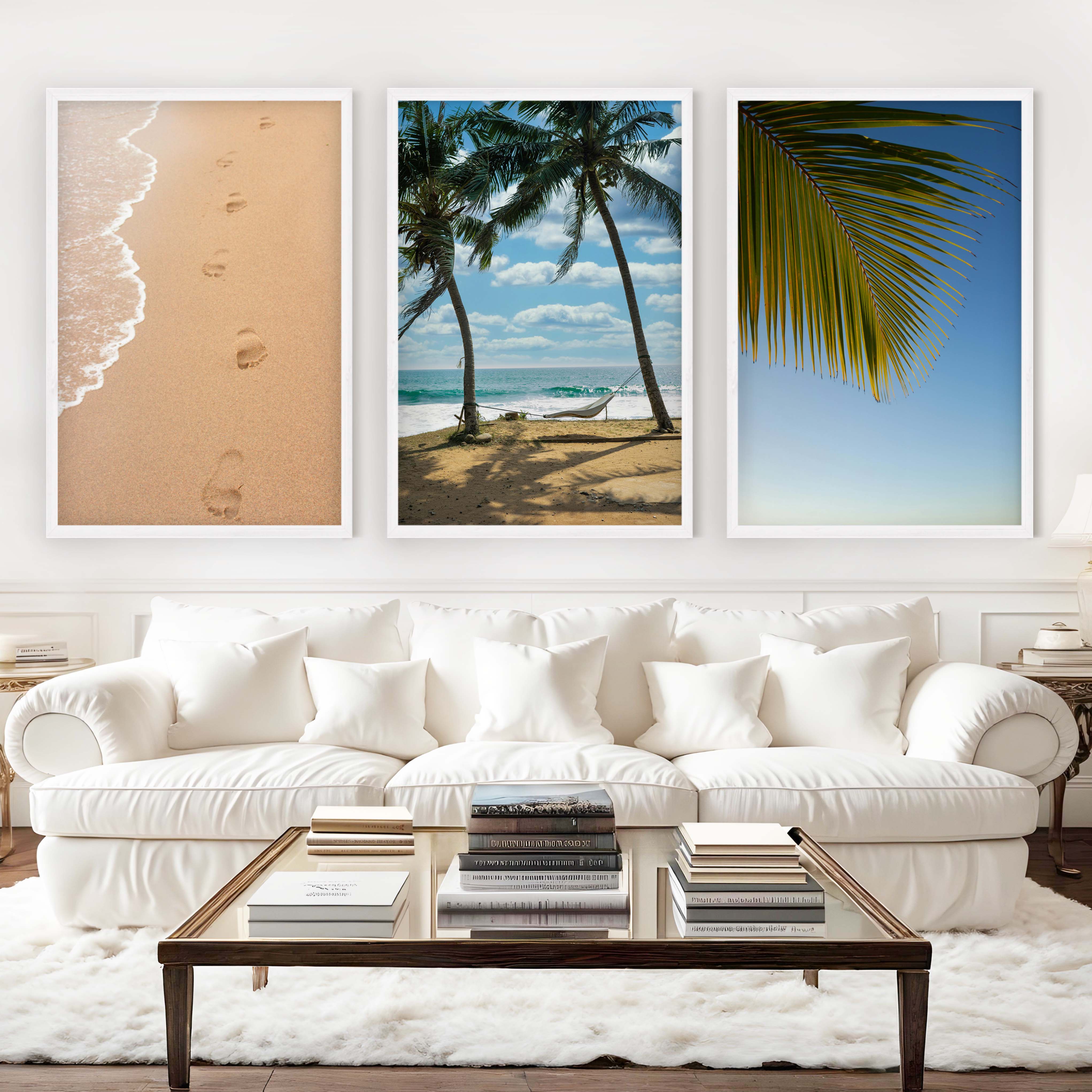 Large Coastal Art – Footprints & Palm Beach Trio - White Framed Poster No Border - Artworksets