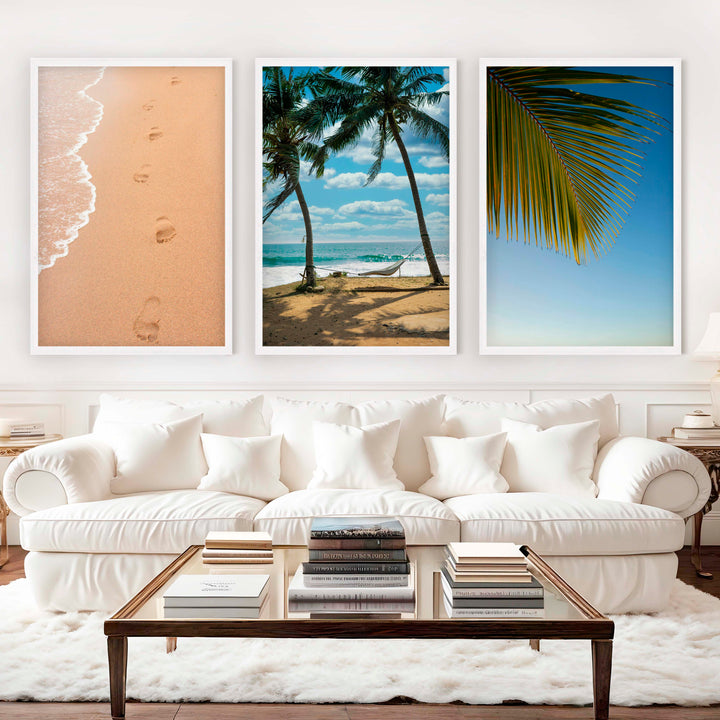 Large Coastal Art – Footprints & Palm Beach Trio - White Framed Poster No Border - Artworksets