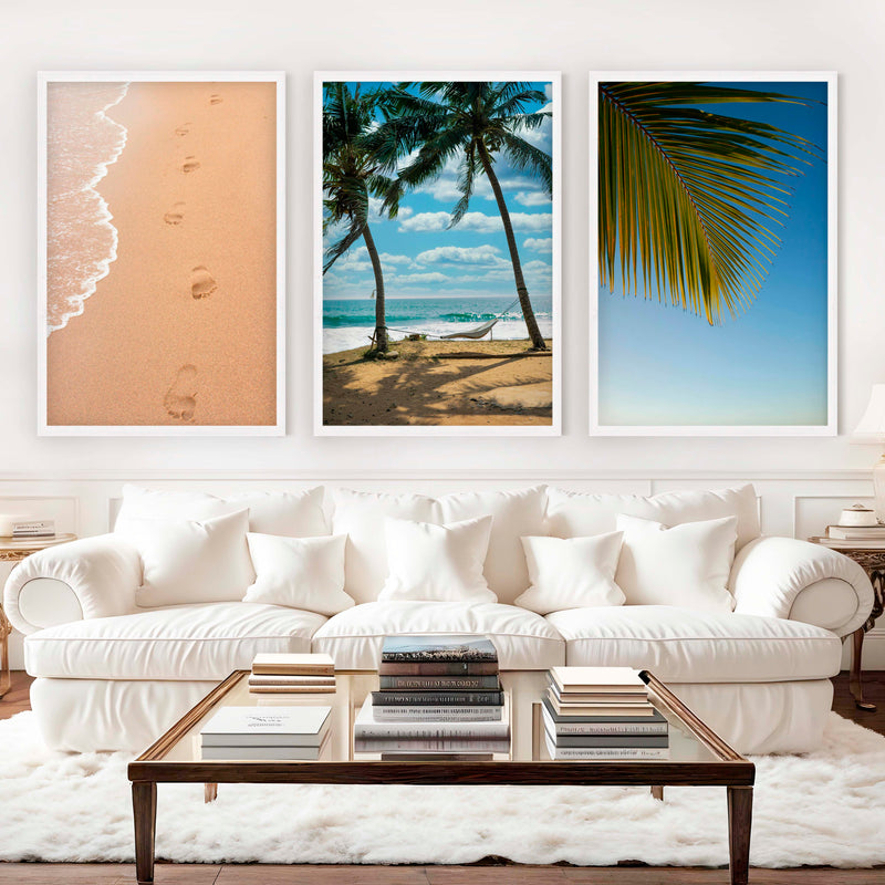 Large Coastal Art – Footprints & Palm Beach Trio - White Framed Poster No Border - Artworksets