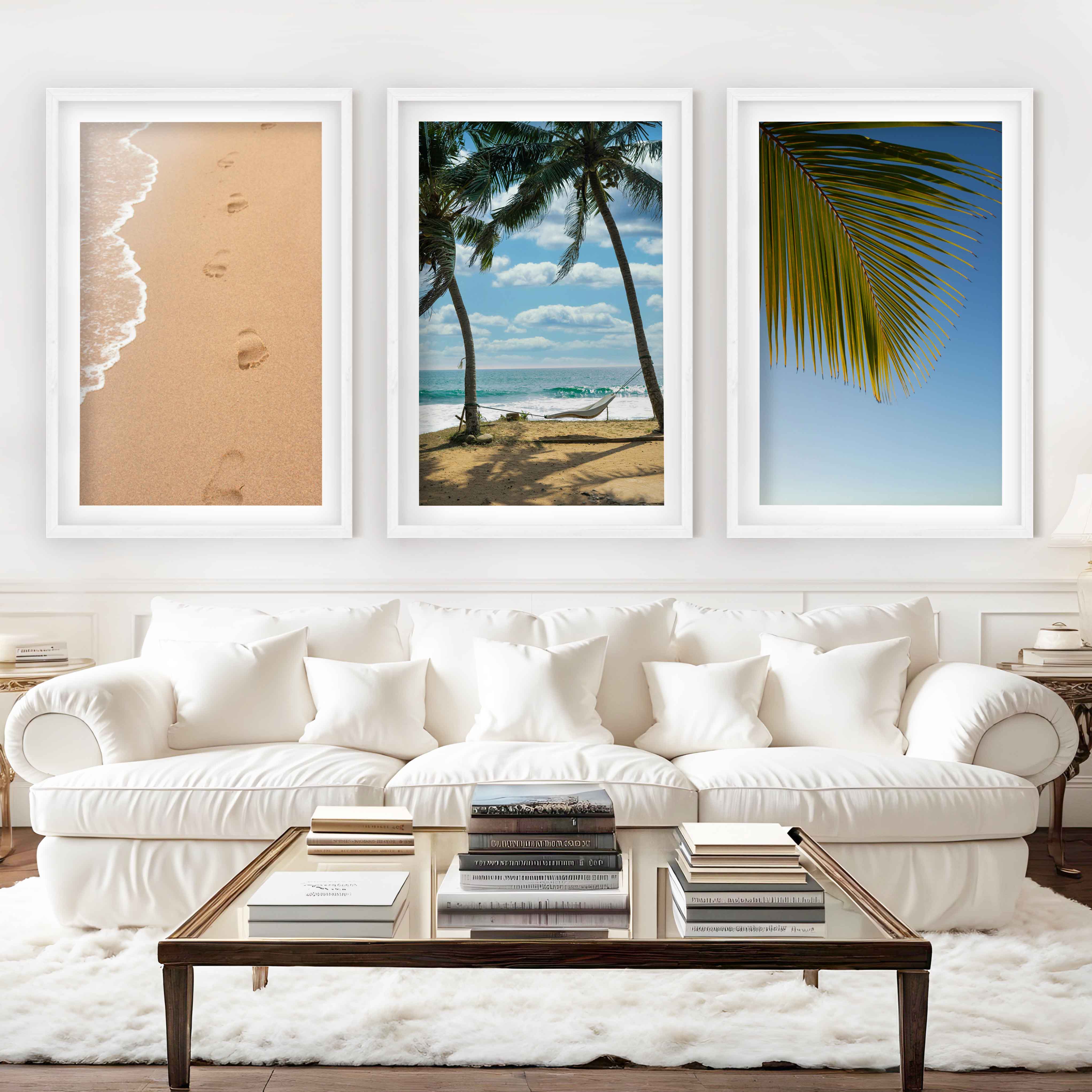 Large Coastal Art – Footprints & Palm Beach Trio - White Framed Poster with White Border - Artworksets