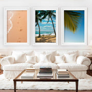 Large Coastal Art – Footprints & Palm Beach Trio - White Framed Poster with White Border - Artworksets