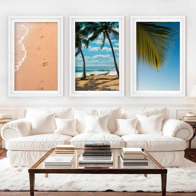 Large Coastal Art – Footprints & Palm Beach Trio - White Framed Poster with White Border - Artworksets