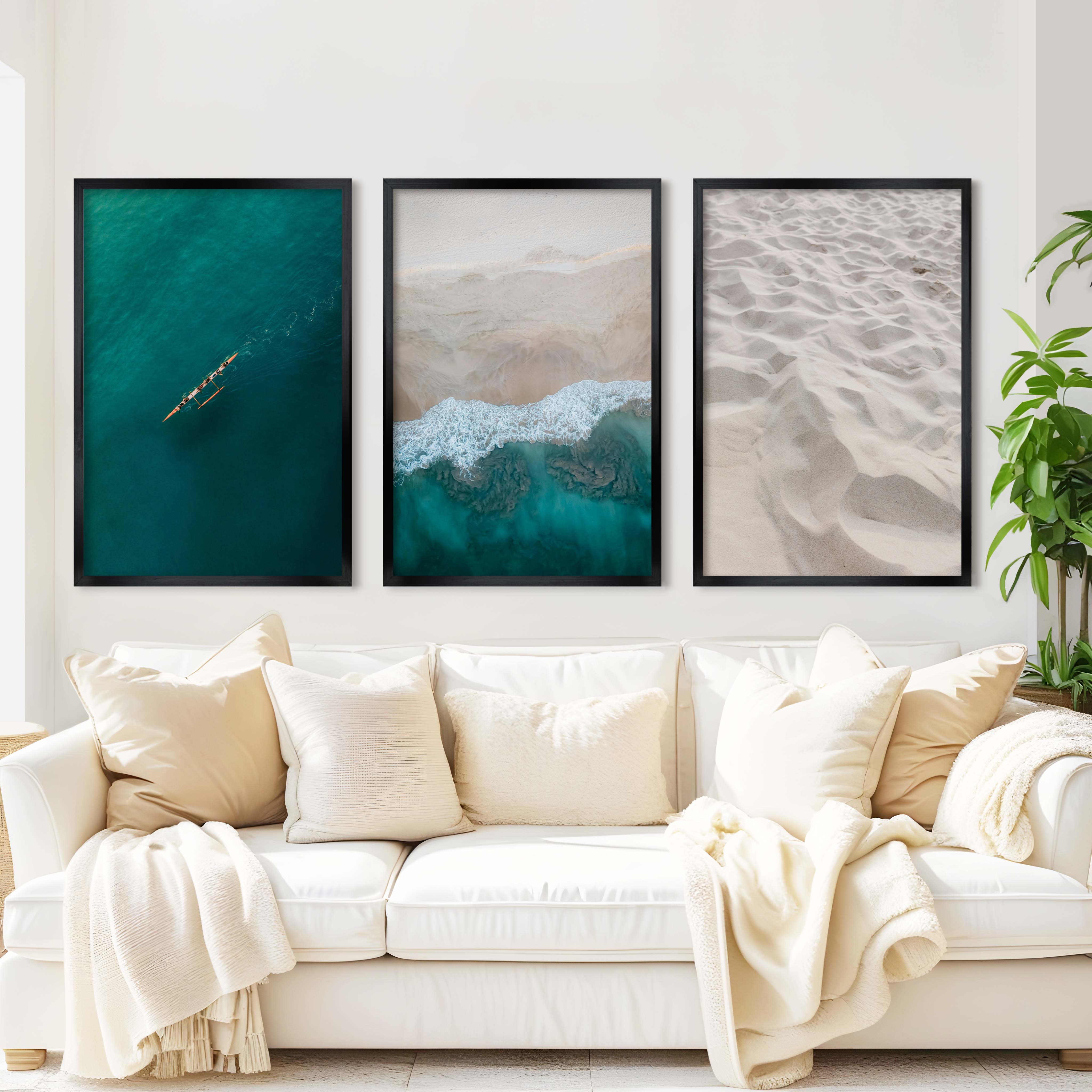 Large Coastal Wall Art – Ocean & Sand Print Set (3 Pieces) - Black Framed Poster No Border - Artworksets