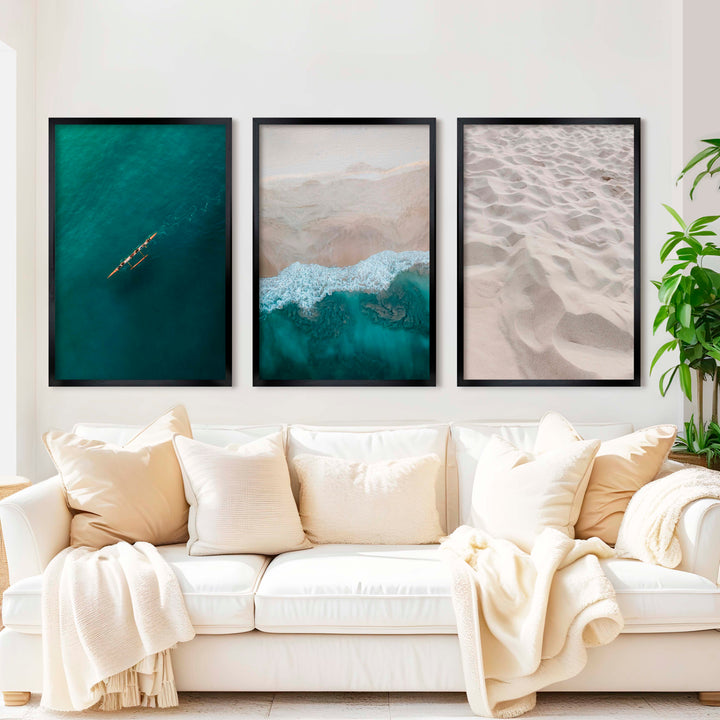 Large Coastal Wall Art – Ocean & Sand Print Set (3 Pieces) - Black Framed Poster No Border - Artworksets