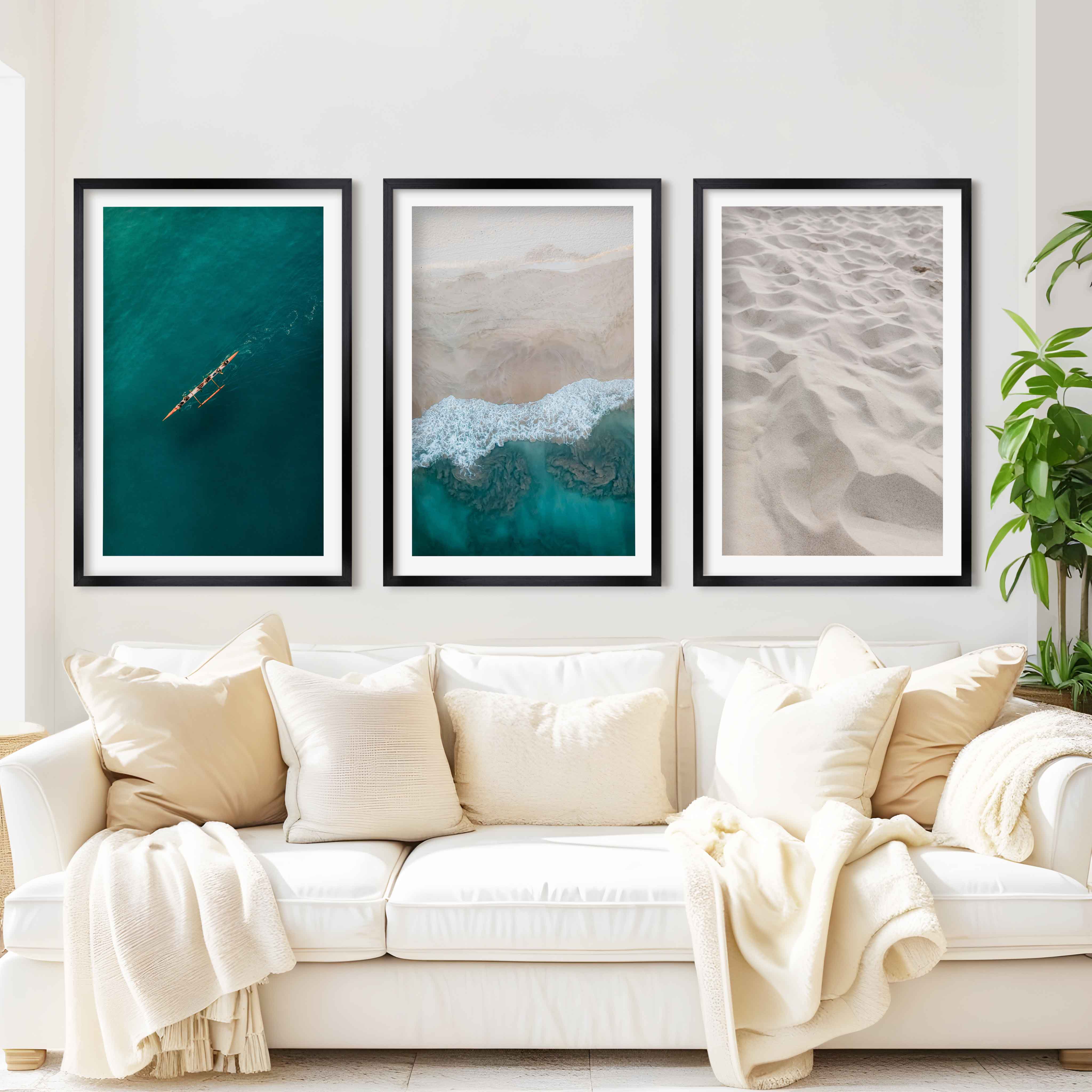 Large Coastal Wall Art – Ocean & Sand Print Set (3 Pieces) - Black Framed Poster with White Border - Artworksets