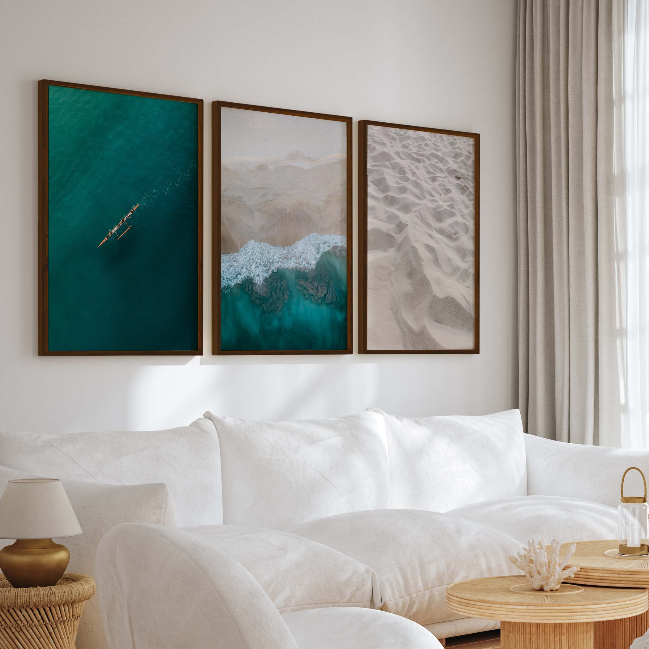 Large Coastal Wall Art – Ocean & Sand Print Set (3 Pieces) - Dark Brown Framed Poster No Border - Artworksets