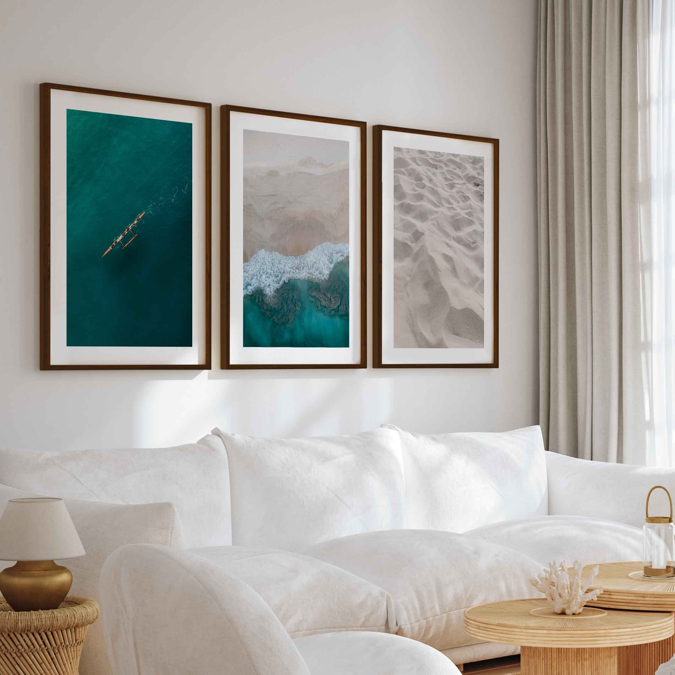 Large Coastal Wall Art – Ocean & Sand Print Set (3 Pieces) - Dark Brown Framed Poster with White Border - Artworksets