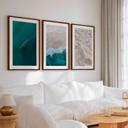 Large Coastal Wall Art – Ocean & Sand Print Set (3 Pieces) - Dark Brown Framed Poster with White Border - Artworksets