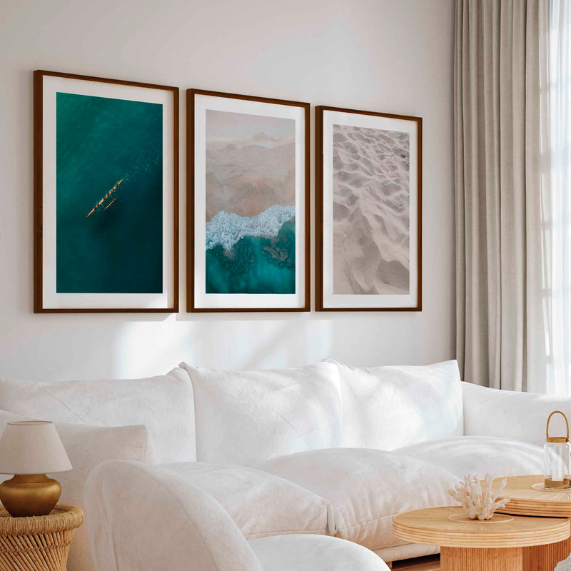 Large Coastal Wall Art – Ocean & Sand Print Set (3 Pieces) - Dark Brown Framed Poster with White Border - Artworksets