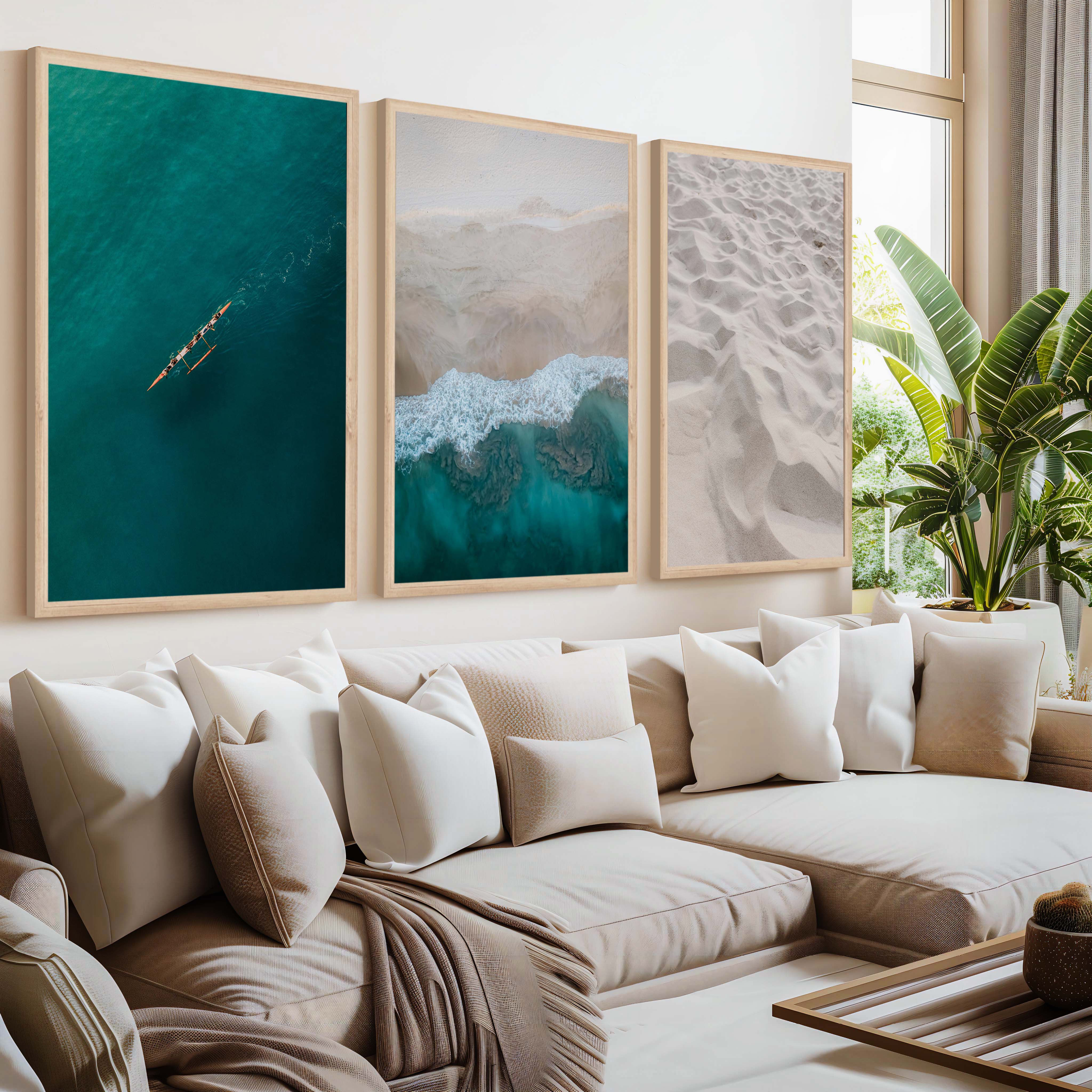 Large Coastal Wall Art – Ocean & Sand Print Set (3 Pieces) - Natural Wood Framed Poster No Border - Artworksets