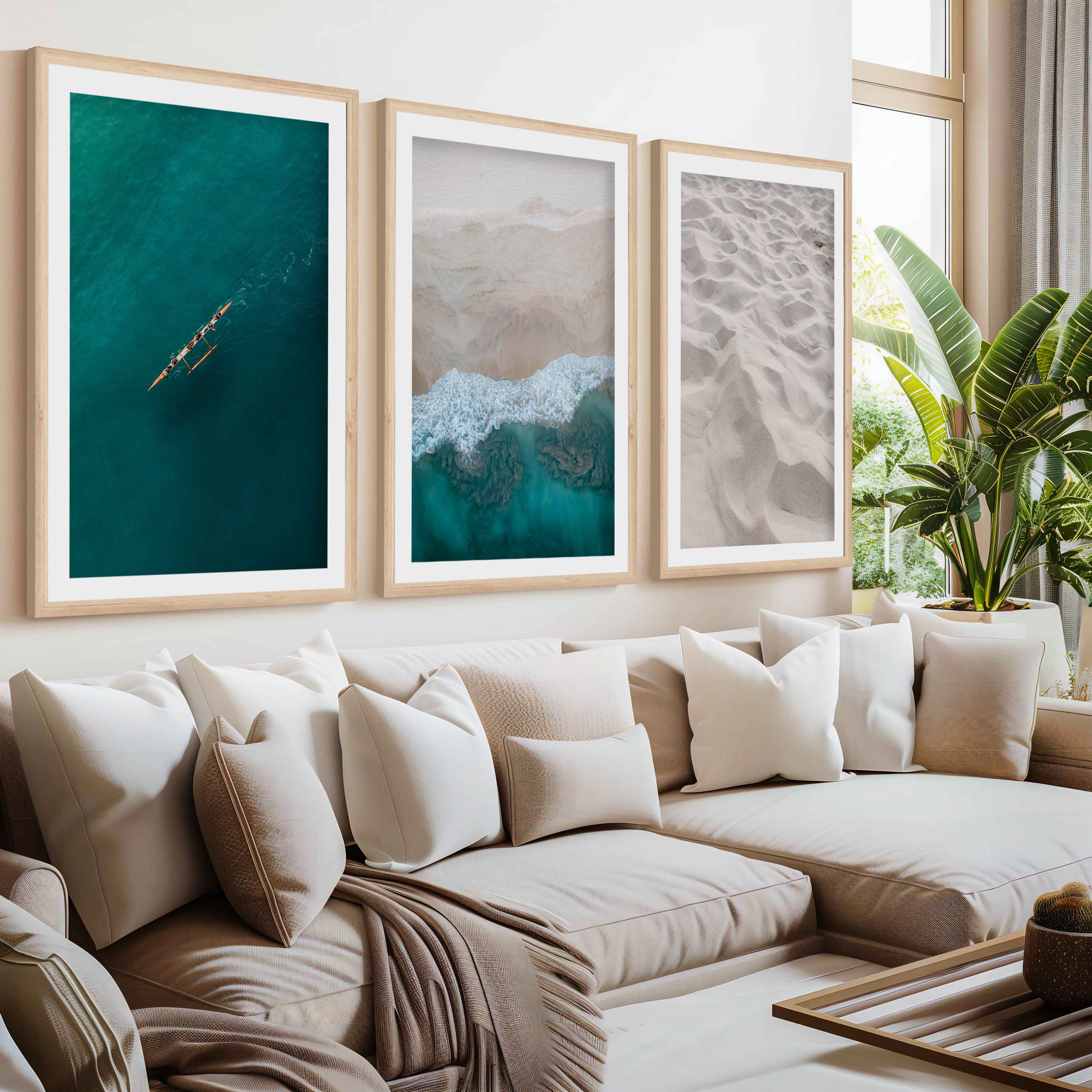 Large Coastal Wall Art – Ocean & Sand Print Set (3 Pieces)- Natural Wood Framed Poster with White Border - Artworksets