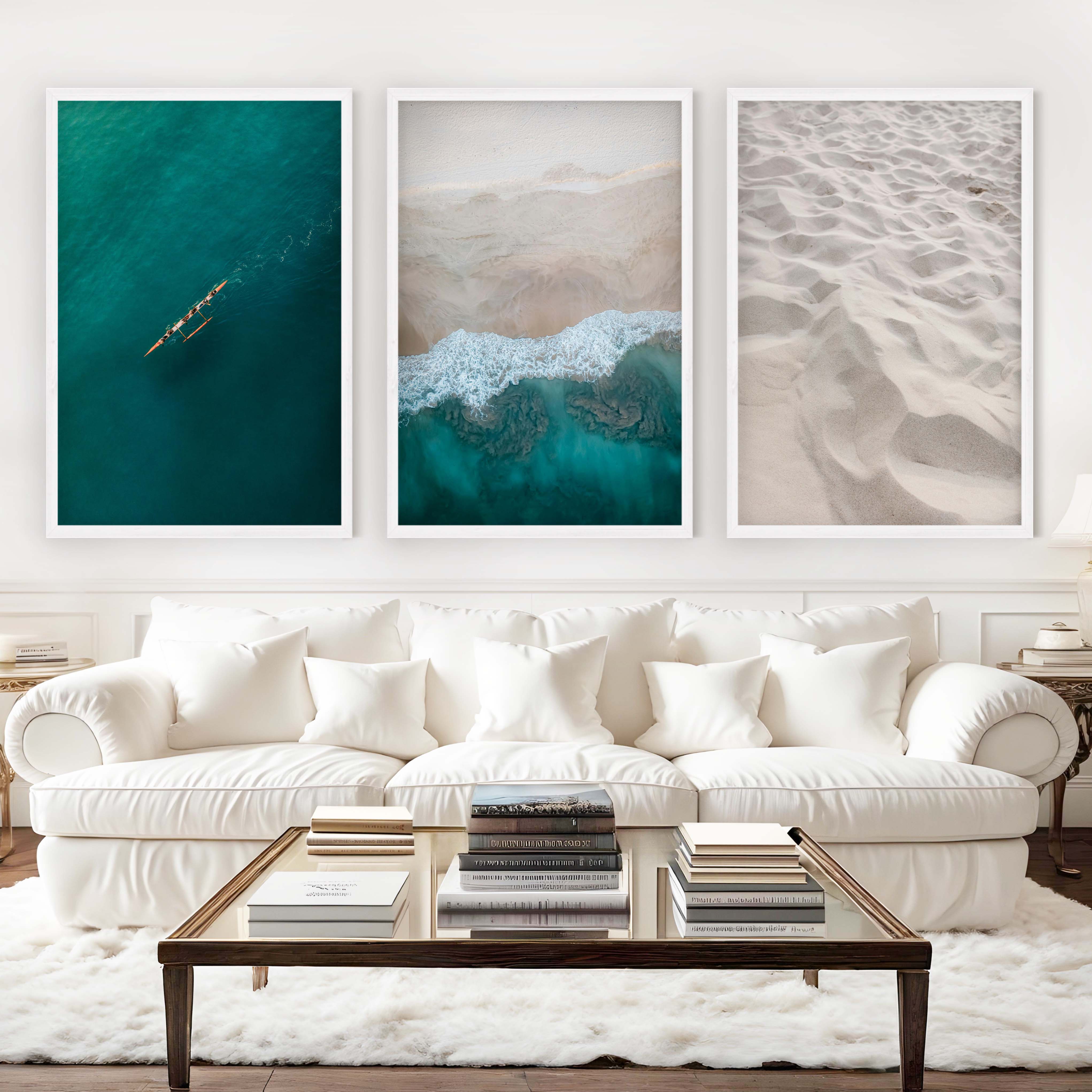Large Coastal Wall Art – Ocean & Sand Print Set (3 Pieces) - White Framed Poster No Border - Artworksets