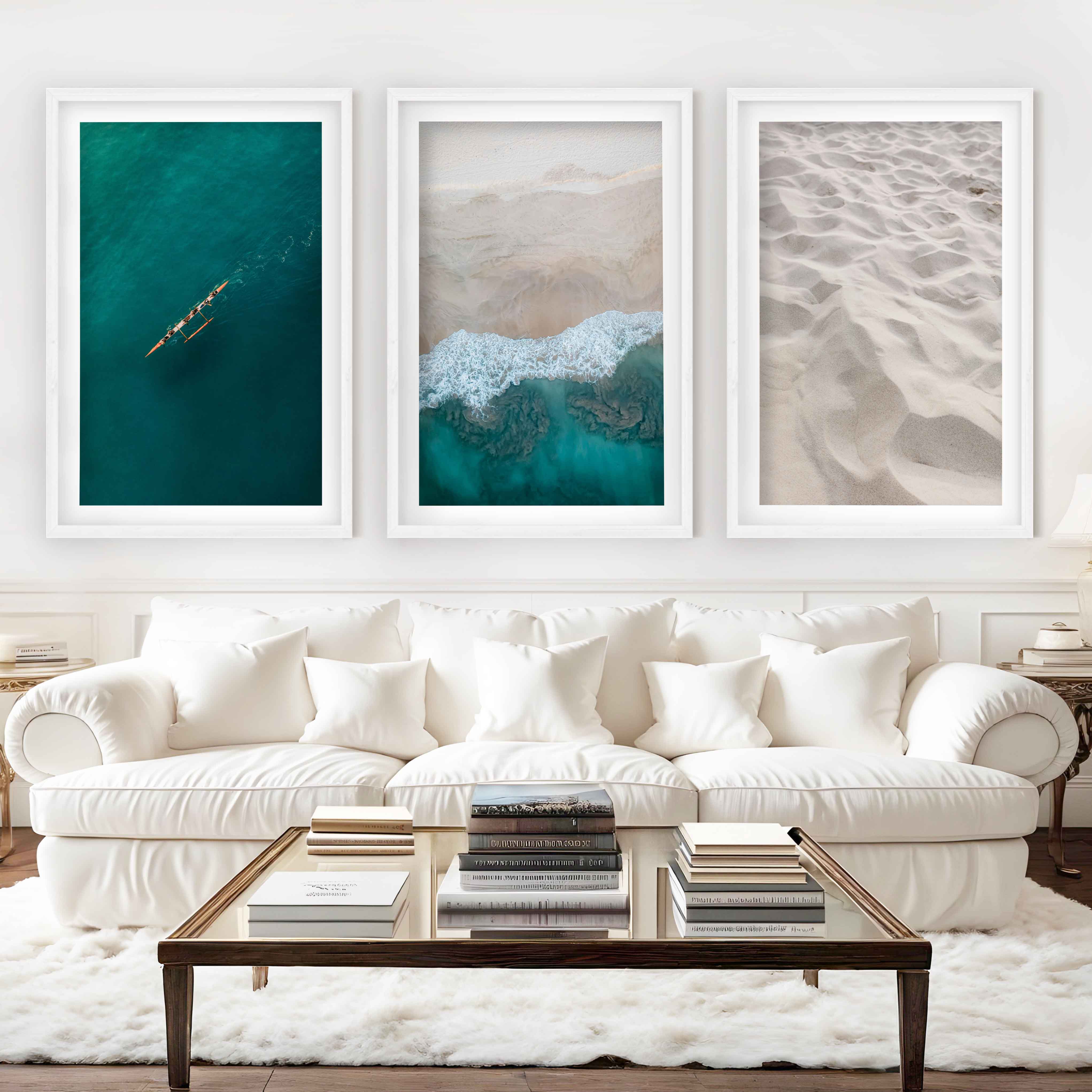 Large Coastal Wall Art – Ocean & Sand Print Set (3 Pieces) - White Framed Poster with White Border - Artworksets