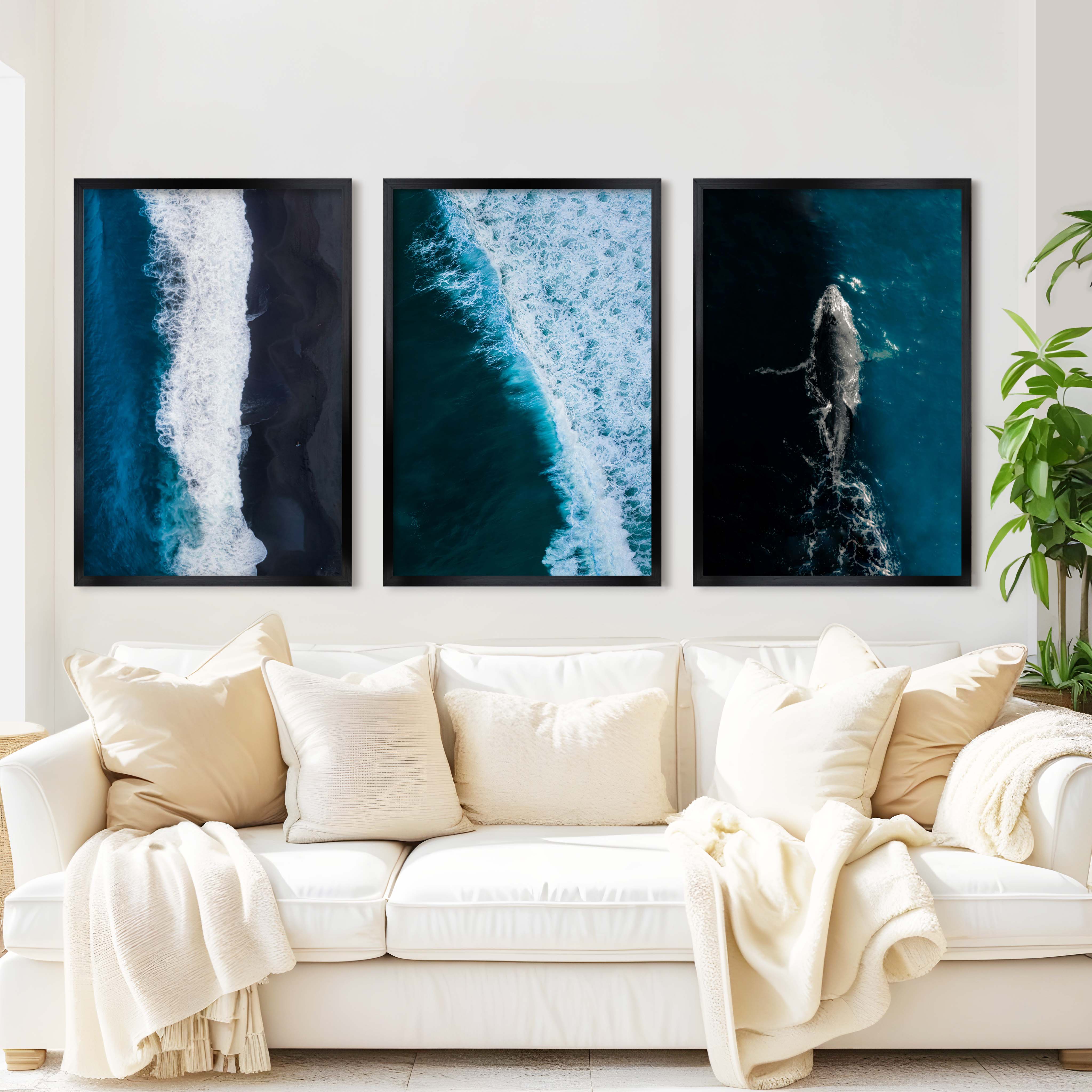 Large Coastal Paintings – Ocean Wave & Whale Art Trio - Black Framed Poster No Border - Artworksets