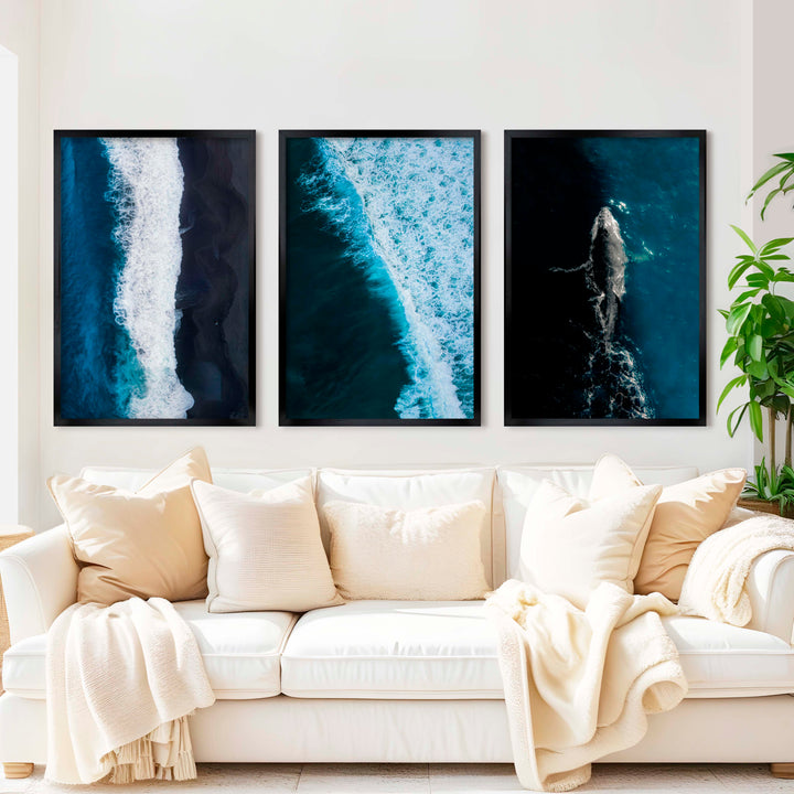 Large Coastal Paintings – Ocean Wave & Whale Art Trio - Black Framed Poster No Border - Artworksets