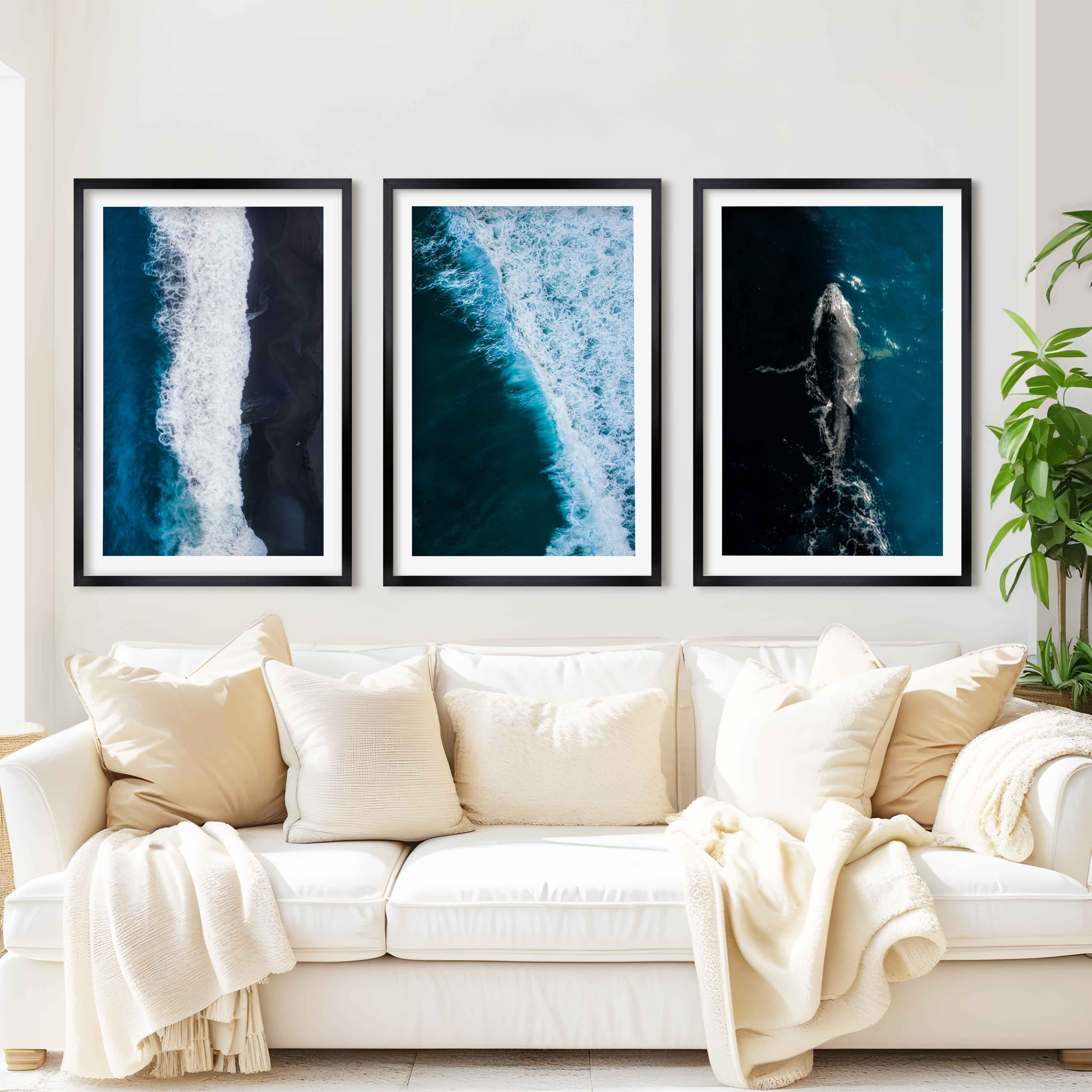Large Coastal Paintings – Ocean Wave & Whale Art Trio - Black Framed Poster with White Border - Artworksets