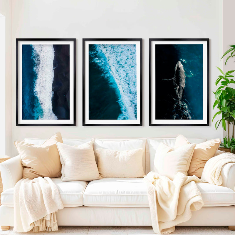 Large Coastal Paintings – Ocean Wave & Whale Art Trio - Black Framed Poster with White Border - Artworksets