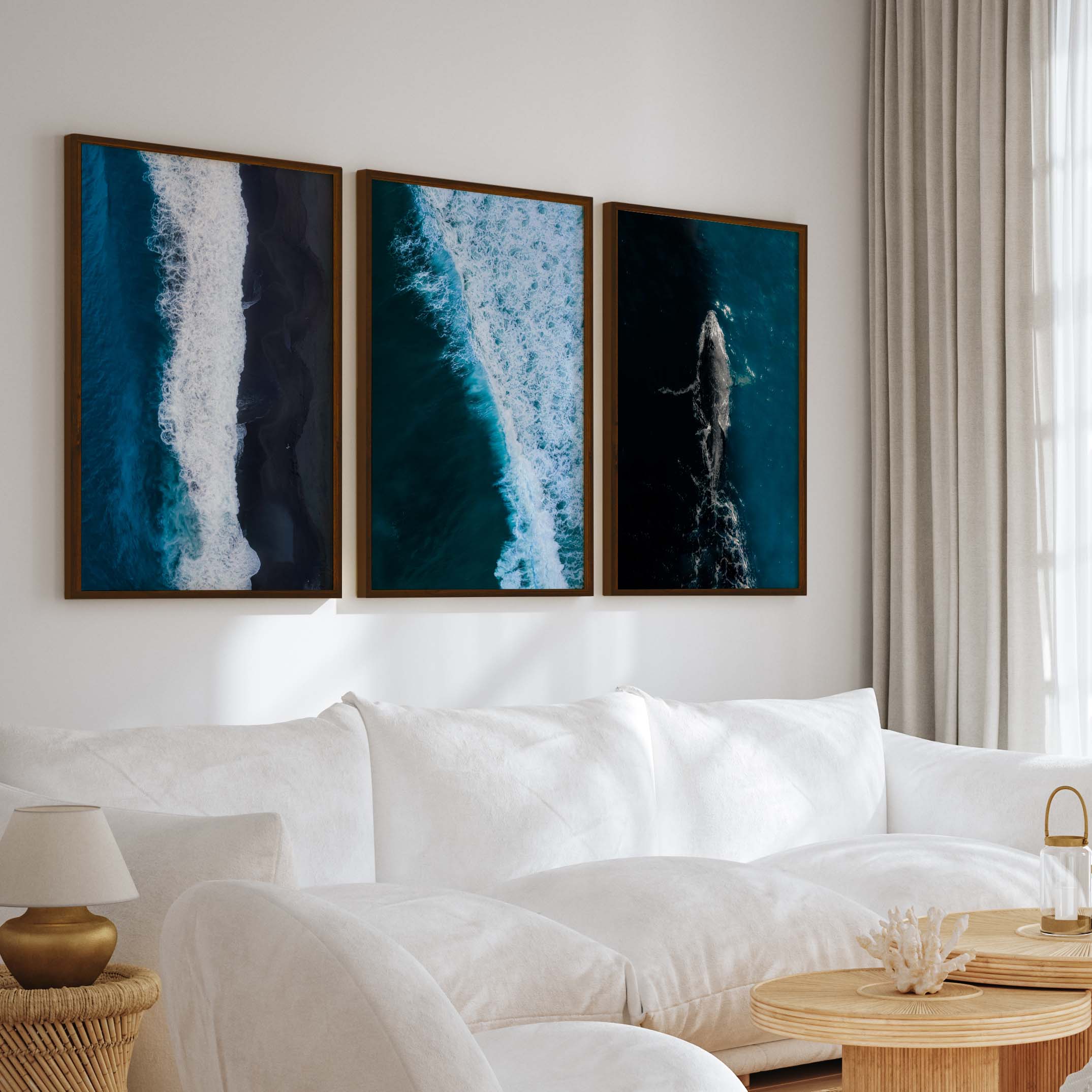 Large Coastal Paintings – Ocean Wave & Whale Art Trio - Dark Brown Framed Poster No Border - Artworksets