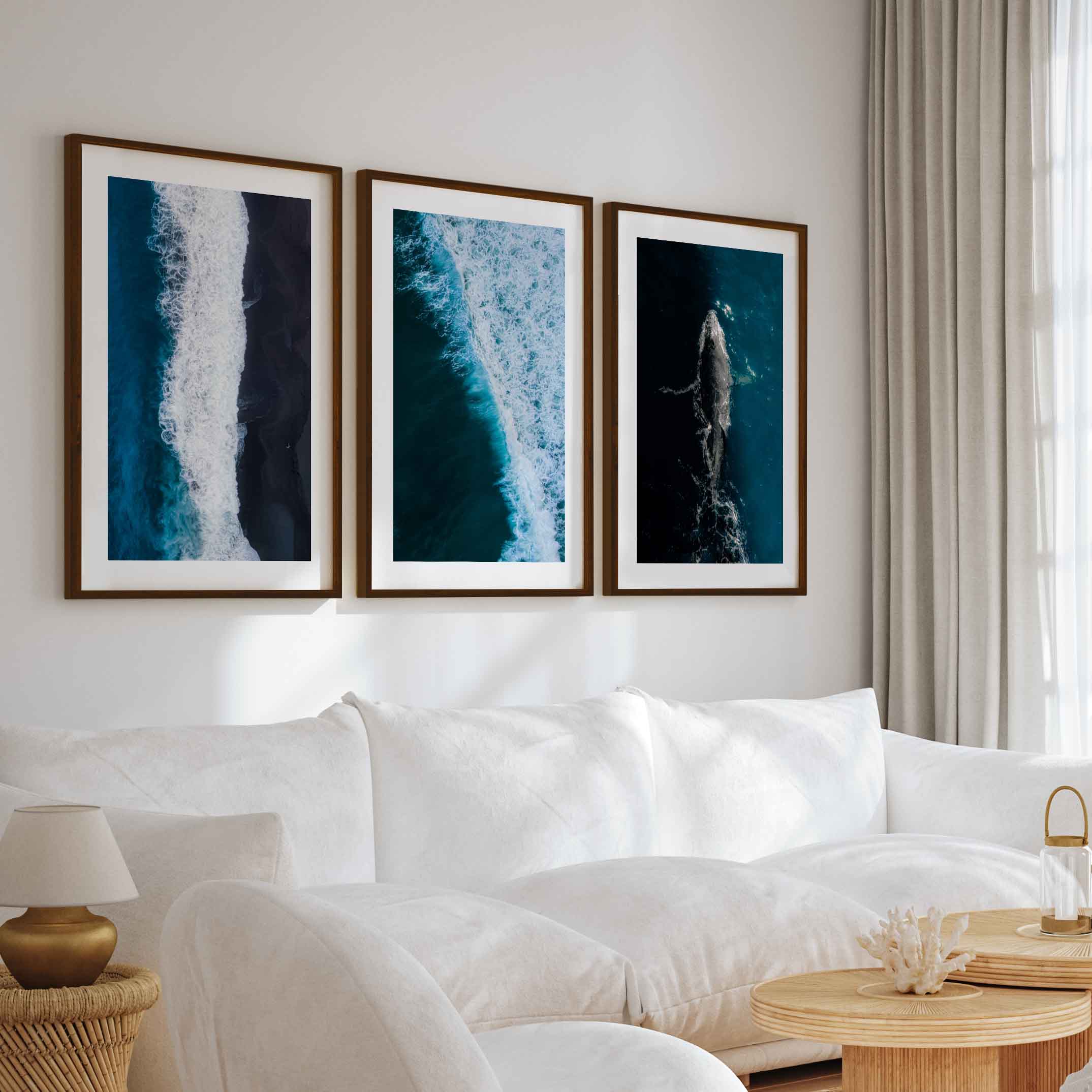 Large Coastal Paintings – Ocean Wave & Whale Art Trio - Dark Brown Framed Poster with White Border - Artworksets