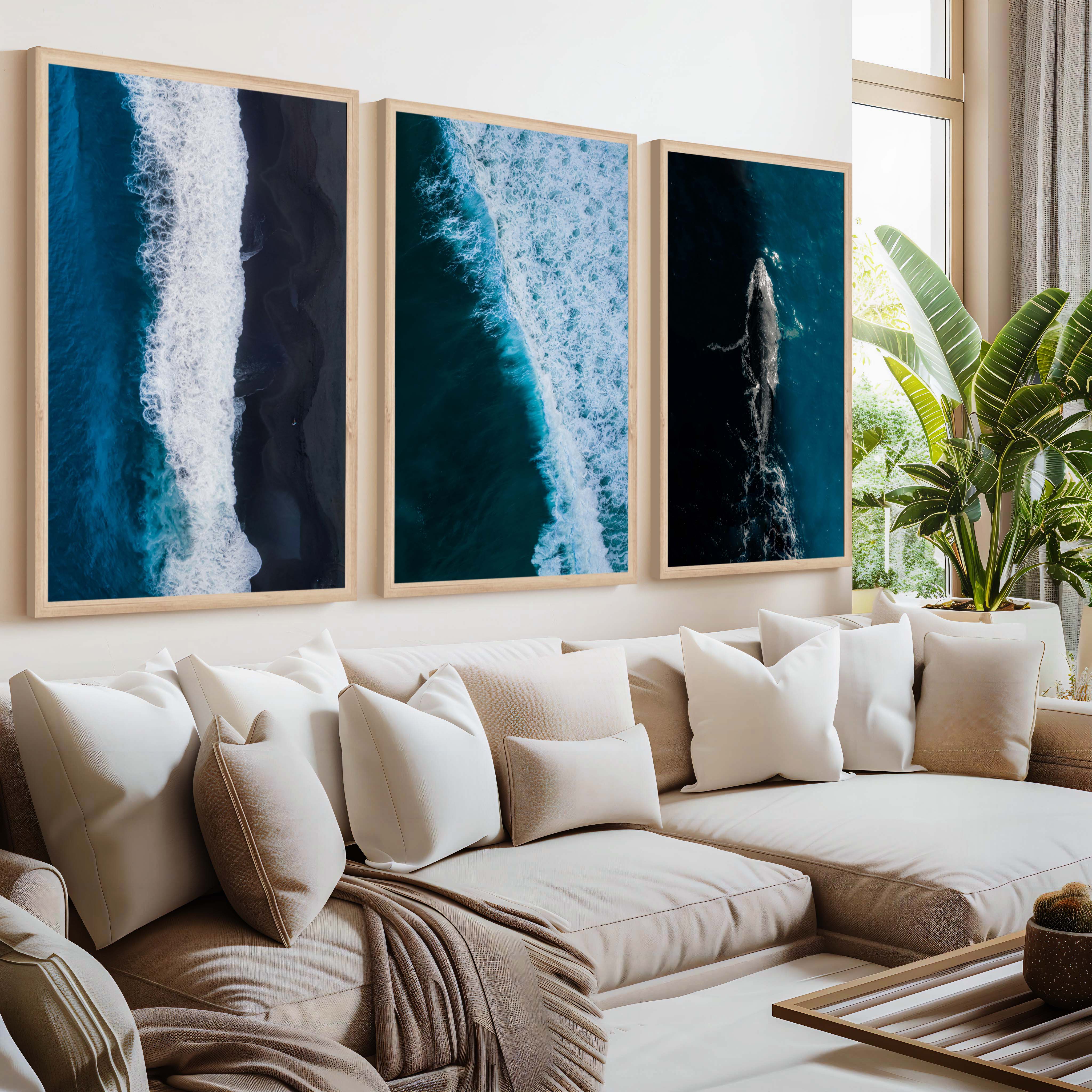 Large Coastal Paintings – Ocean Wave & Whale Art Trio - Natural Wood Framed Poster No Border - Artworksets