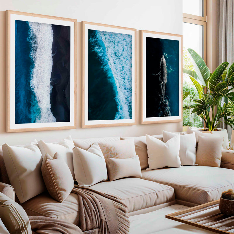 Large Coastal Paintings – Ocean Wave & Whale Art Trio- Natural Wood Framed Poster with White Border - Artworksets