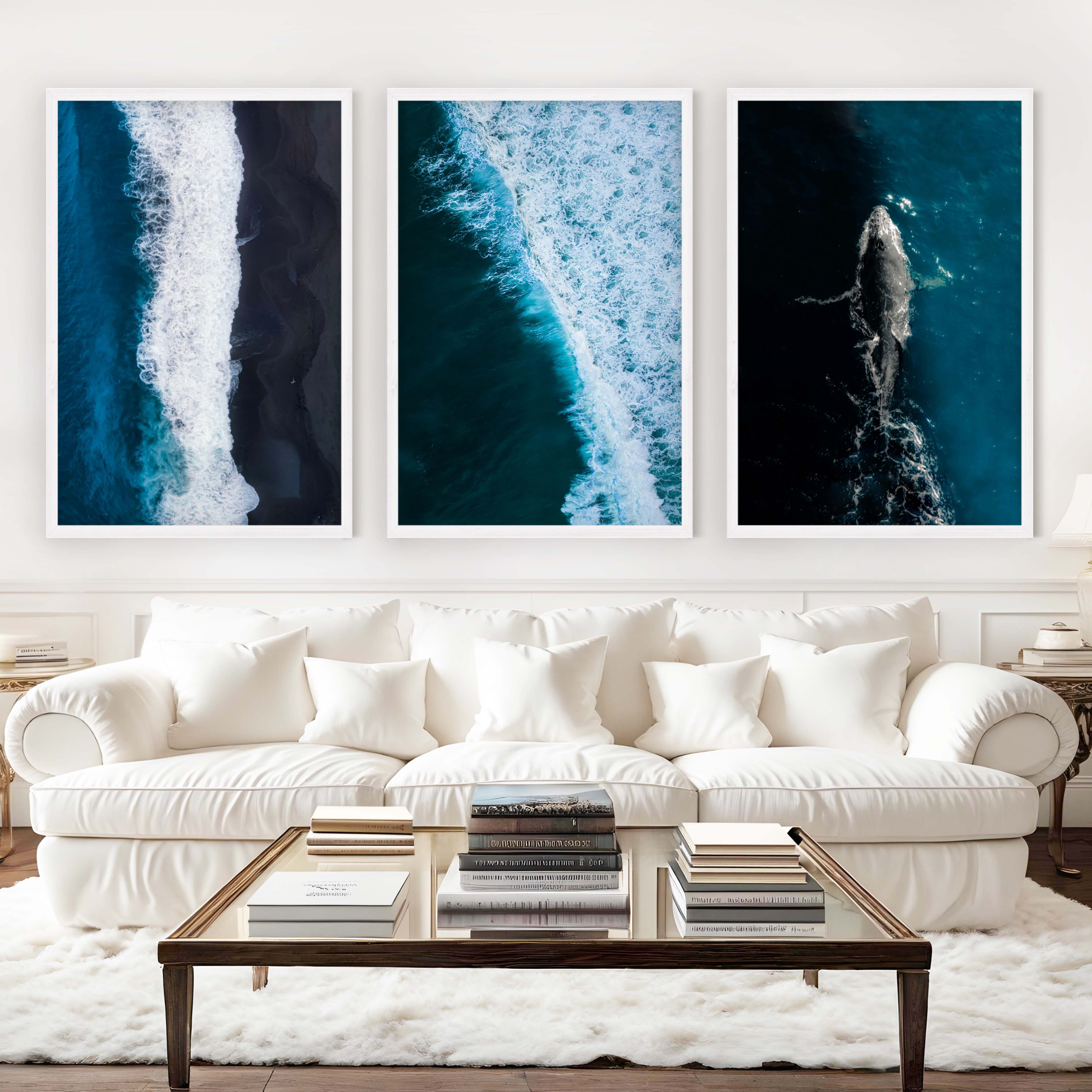 Large Coastal Paintings – Ocean Wave & Whale Art Trio - White Framed Poster No Border - Artworksets