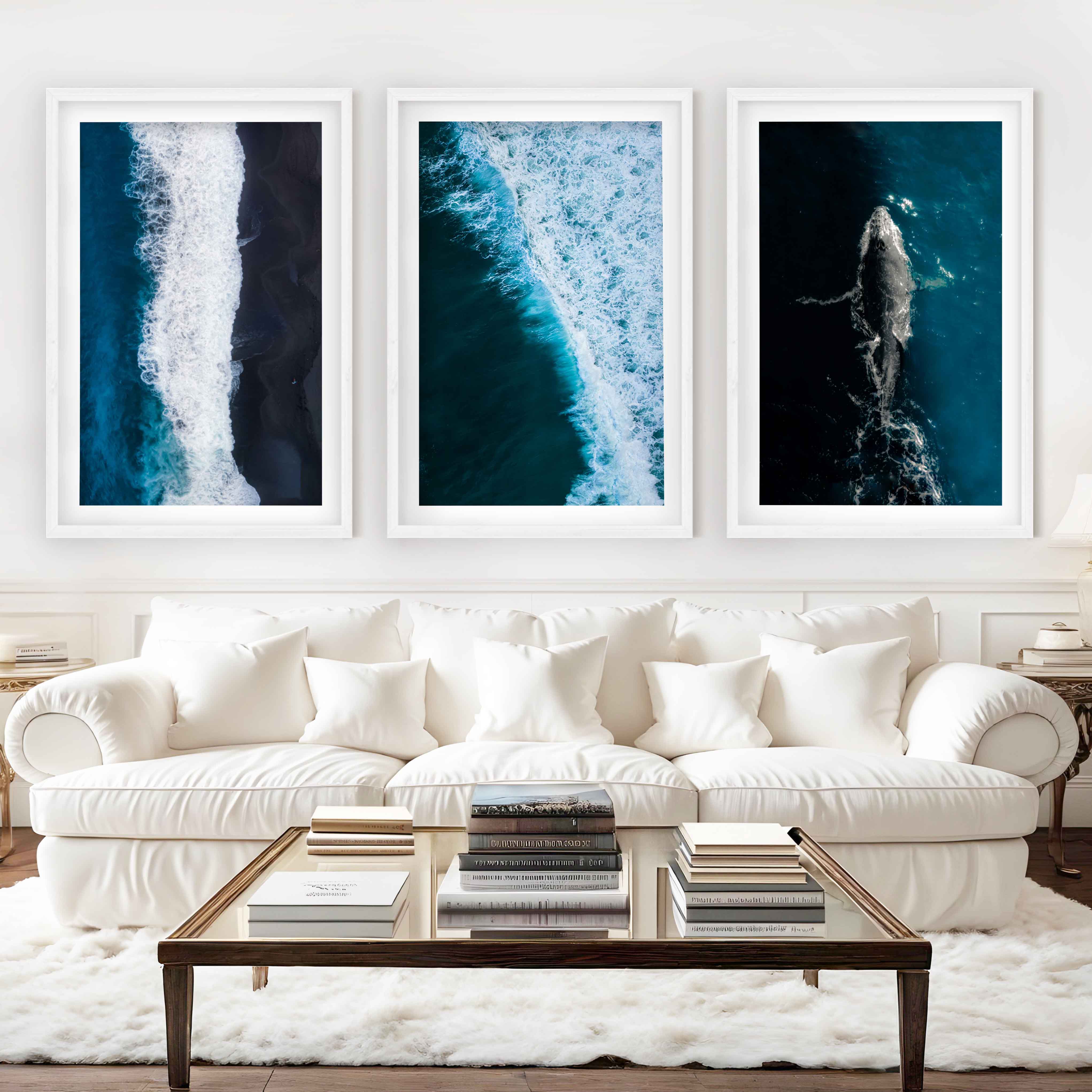 Large Coastal Paintings – Ocean Wave & Whale Art Trio - White Framed Poster with White Border - Artworksets
