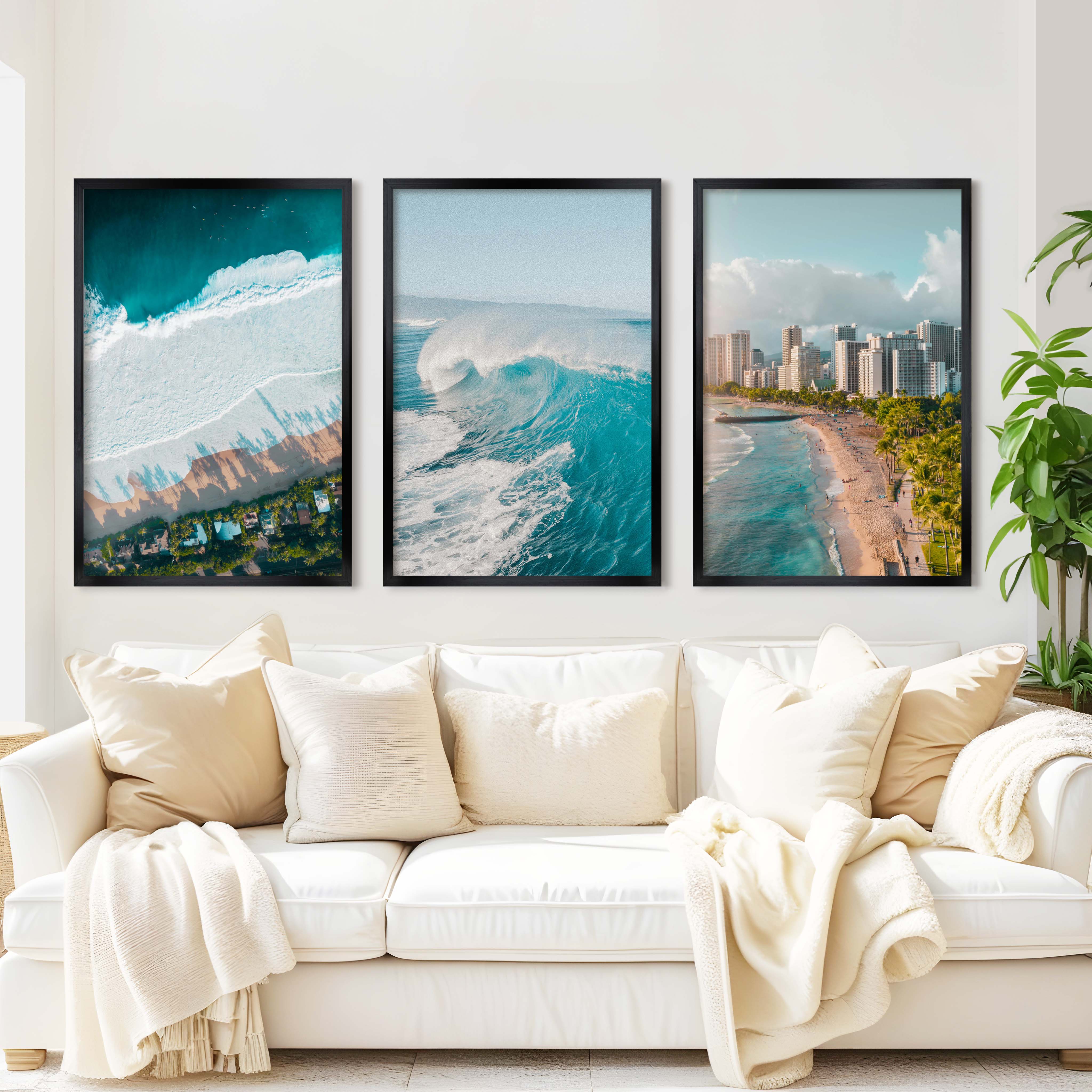 Large Coastal Wall Art – City, Wave & Ocean Panorama (3 Pieces) - Black Framed Poster No Border - Artworksets