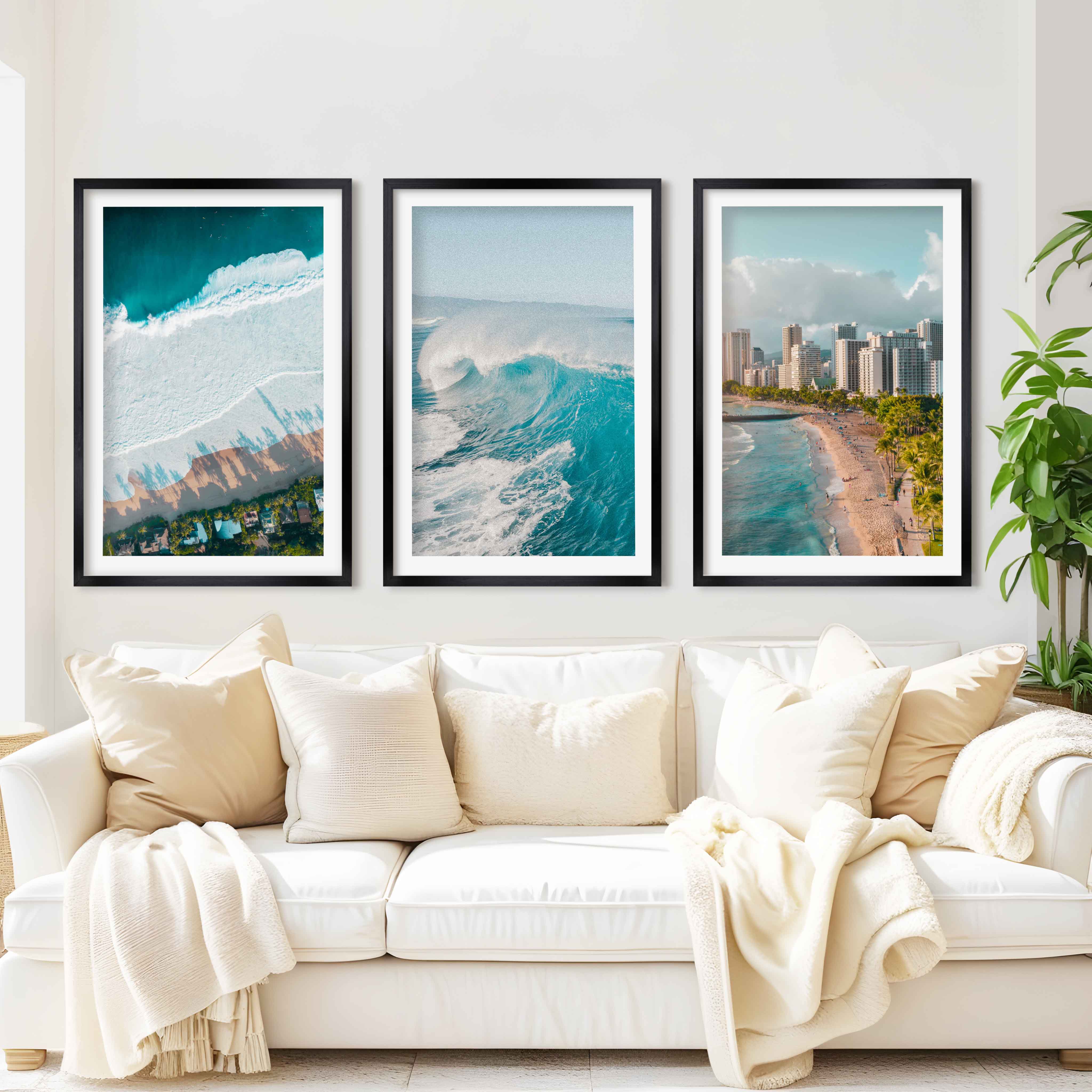 Large Coastal Wall Art – City, Wave & Ocean Panorama (3 Pieces) - Black Framed Poster with White Border - Artworksets