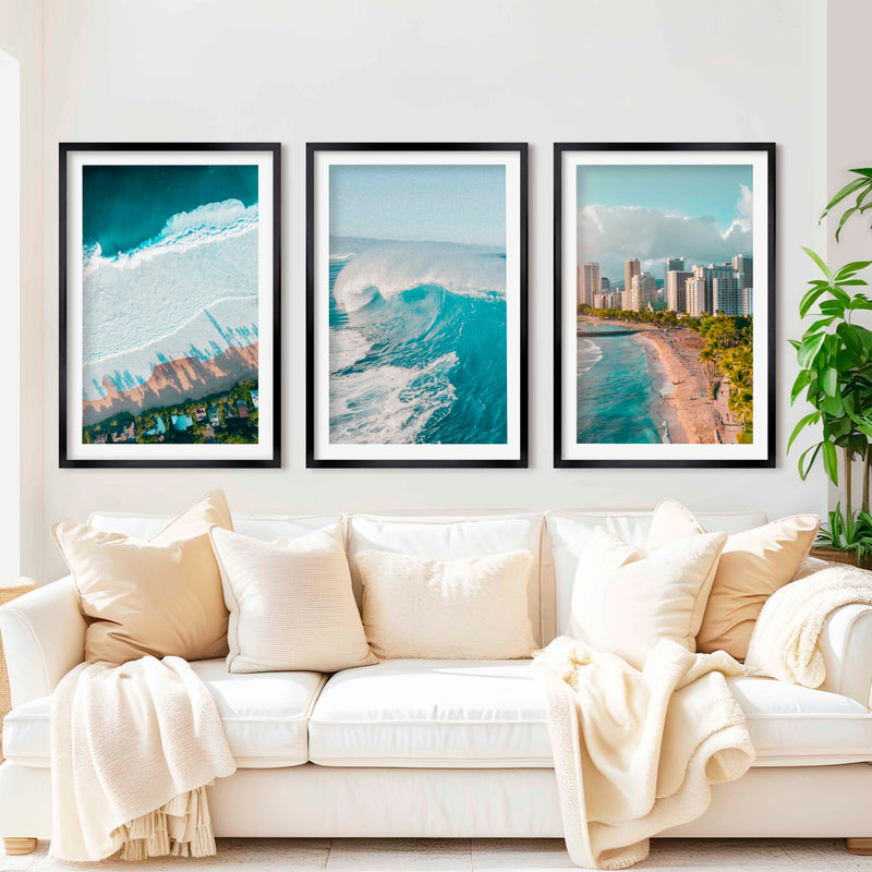 Large Coastal Wall Art – City, Wave & Ocean Panorama (3 Pieces) - Black Framed Poster with White Border - Artworksets