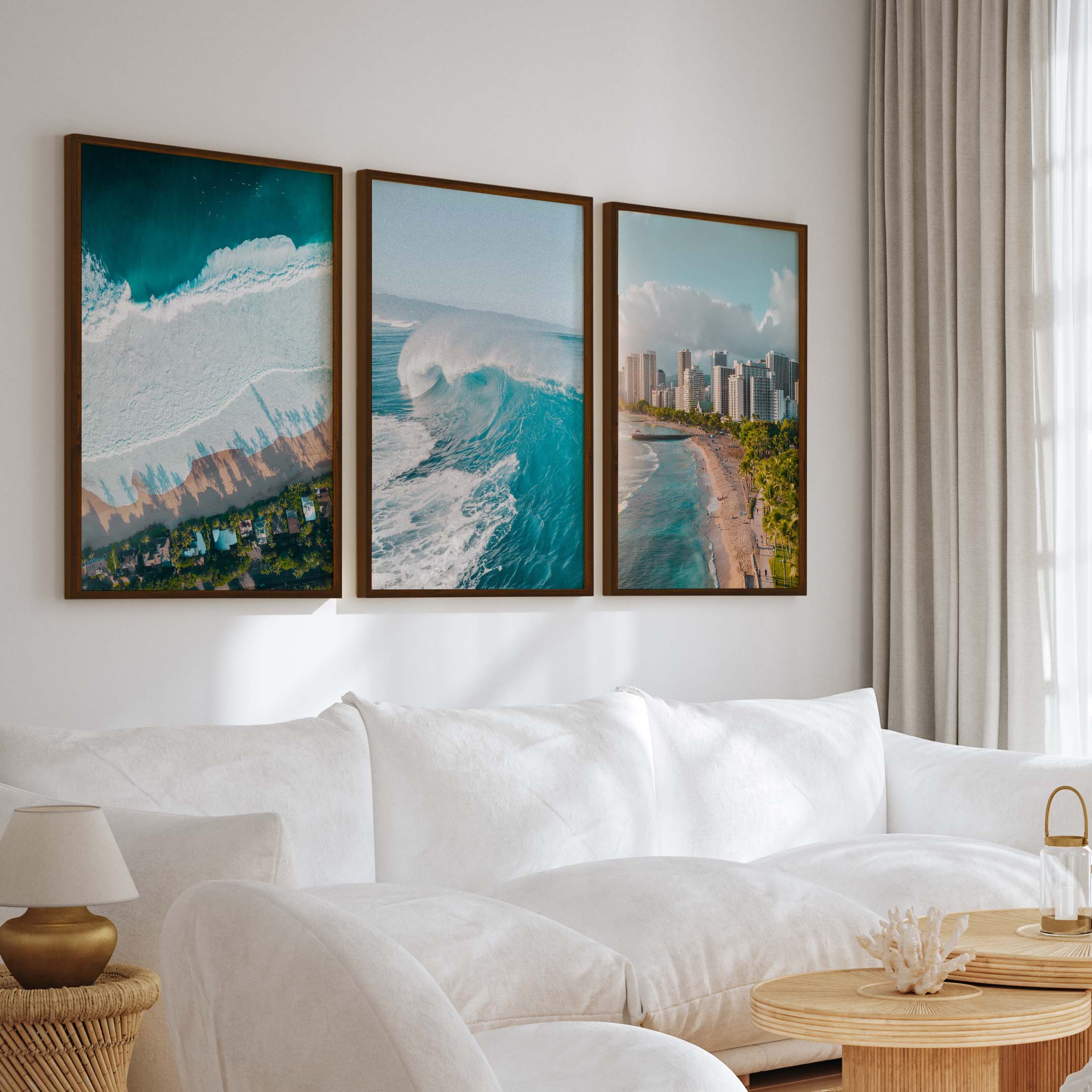 Large Coastal Wall Art – City, Wave & Ocean Panorama (3 Pieces) - Dark Brown Framed Poster No Border - Artworksets