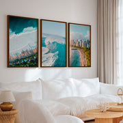 Large Coastal Wall Art – City, Wave & Ocean Panorama (3 Pieces) - Dark Brown Framed Poster No Border - Artworksets