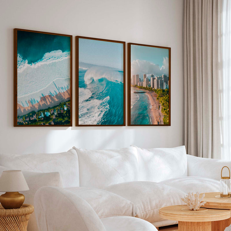 Large Coastal Wall Art – City, Wave & Ocean Panorama (3 Pieces) - Dark Brown Framed Poster No Border - Artworksets