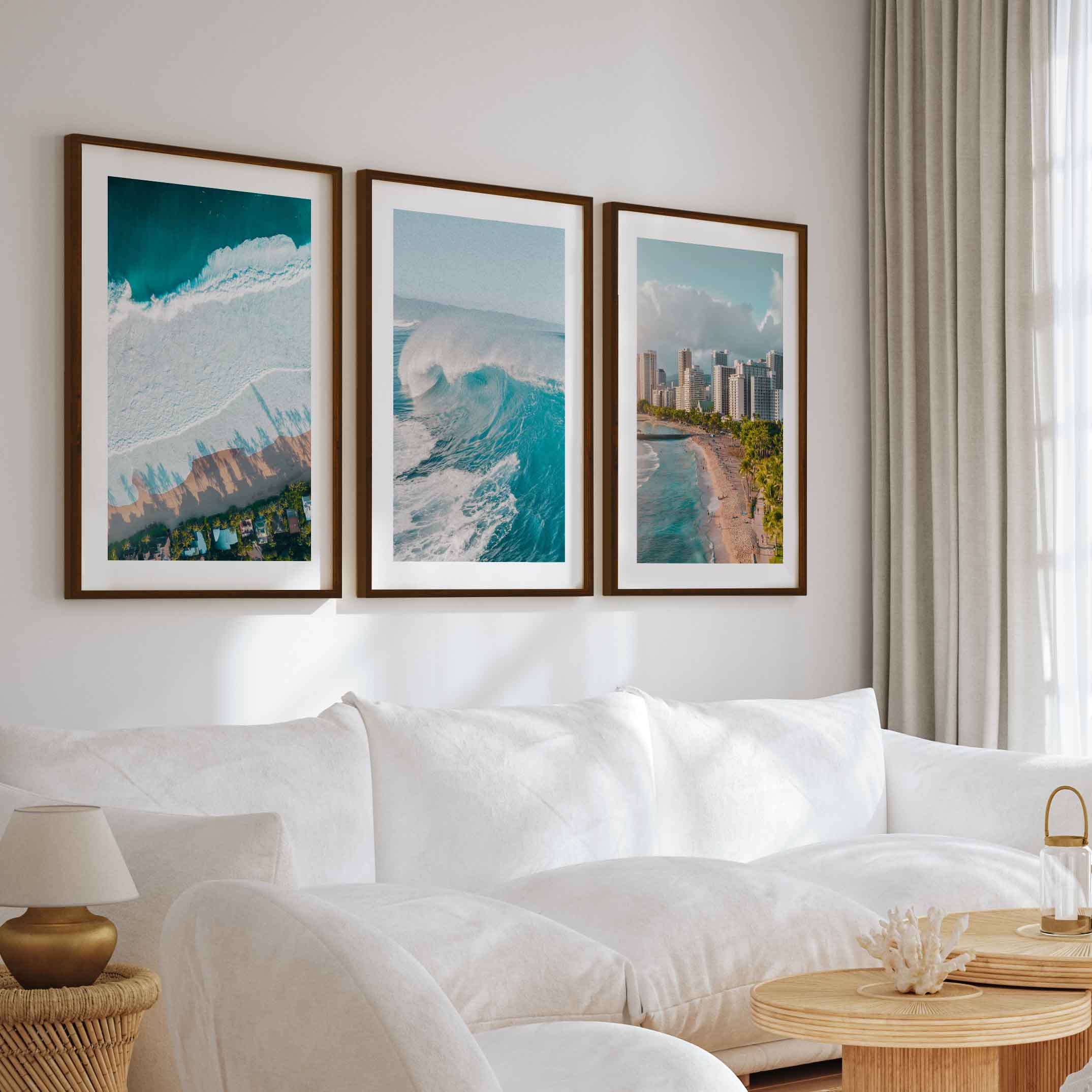 Large Coastal Wall Art – City, Wave & Ocean Panorama (3 Pieces) - Dark Brown Framed Poster with White Border - Artworksets