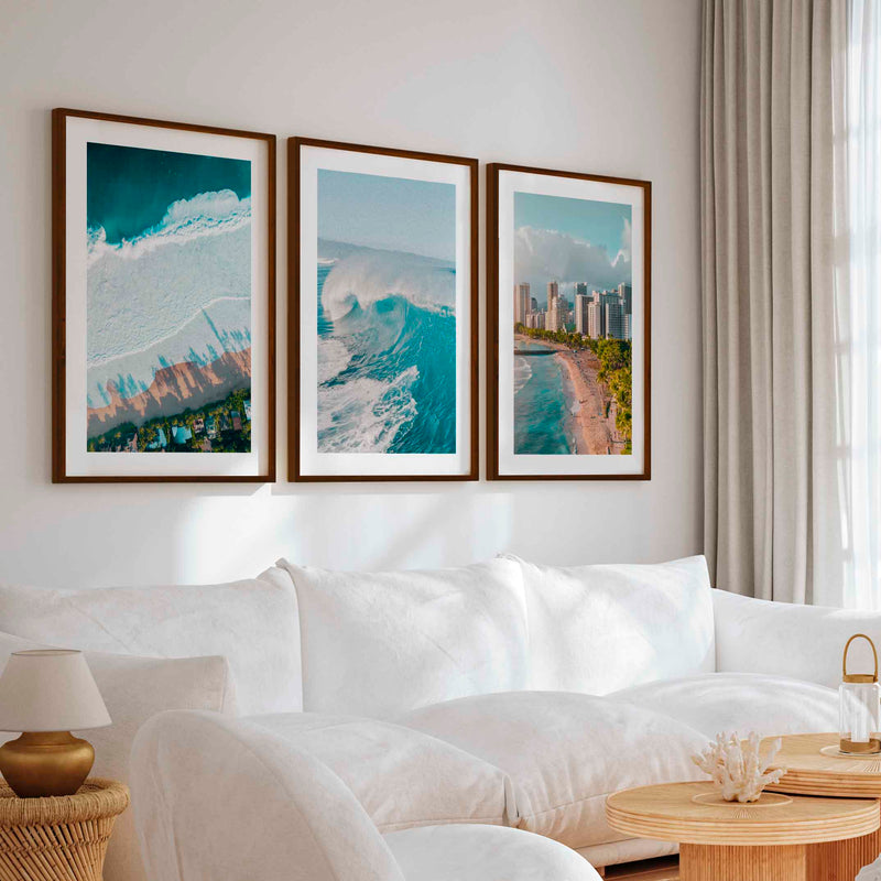 Large Coastal Wall Art – City, Wave & Ocean Panorama (3 Pieces) - Dark Brown Framed Poster with White Border - Artworksets
