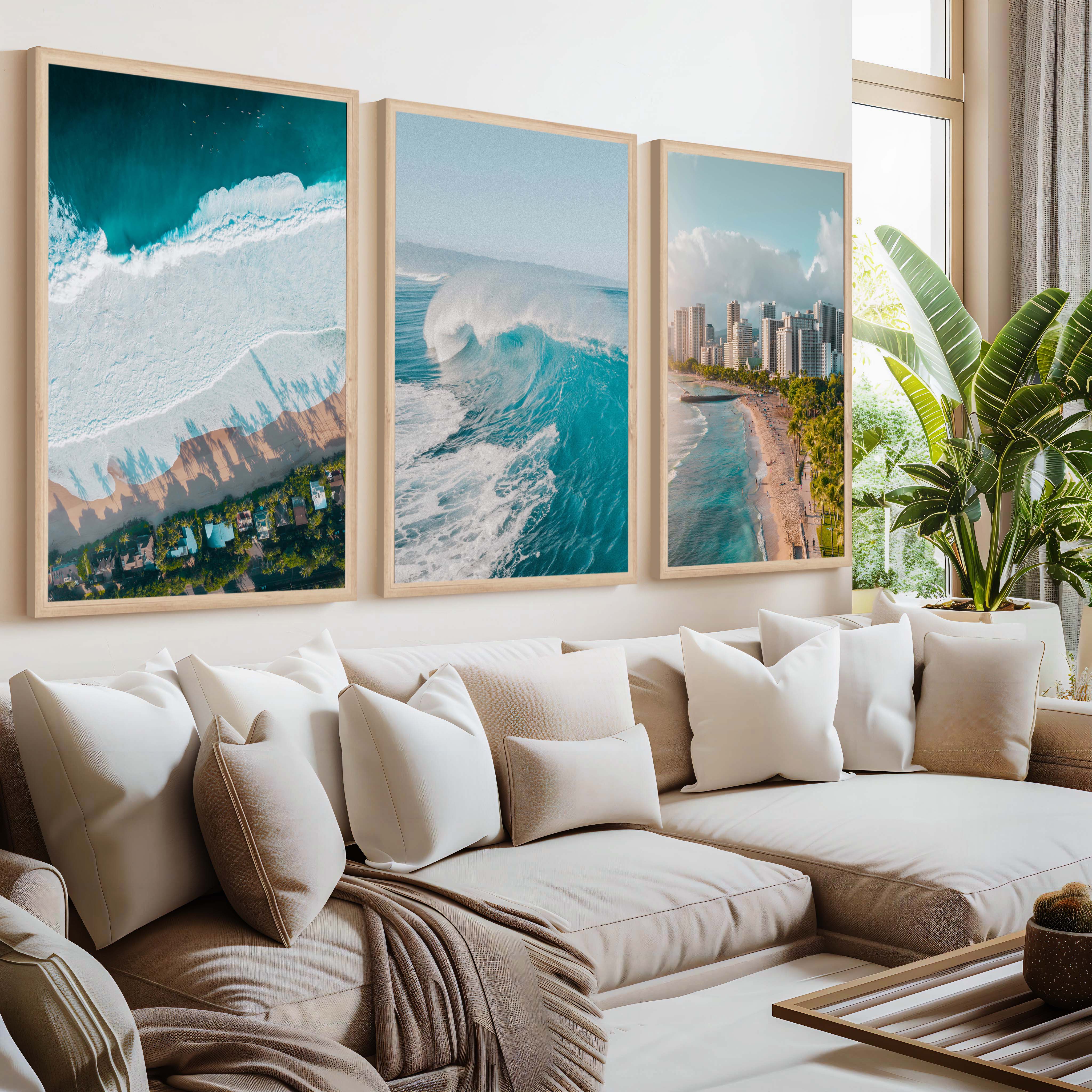 Large Coastal Wall Art – City, Wave & Ocean Panorama (3 Pieces) - Natural Wood Framed Poster No Border - Artworksets