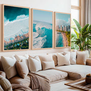Large Coastal Wall Art – City, Wave & Ocean Panorama (3 Pieces) - Natural Wood Framed Poster No Border - Artworksets