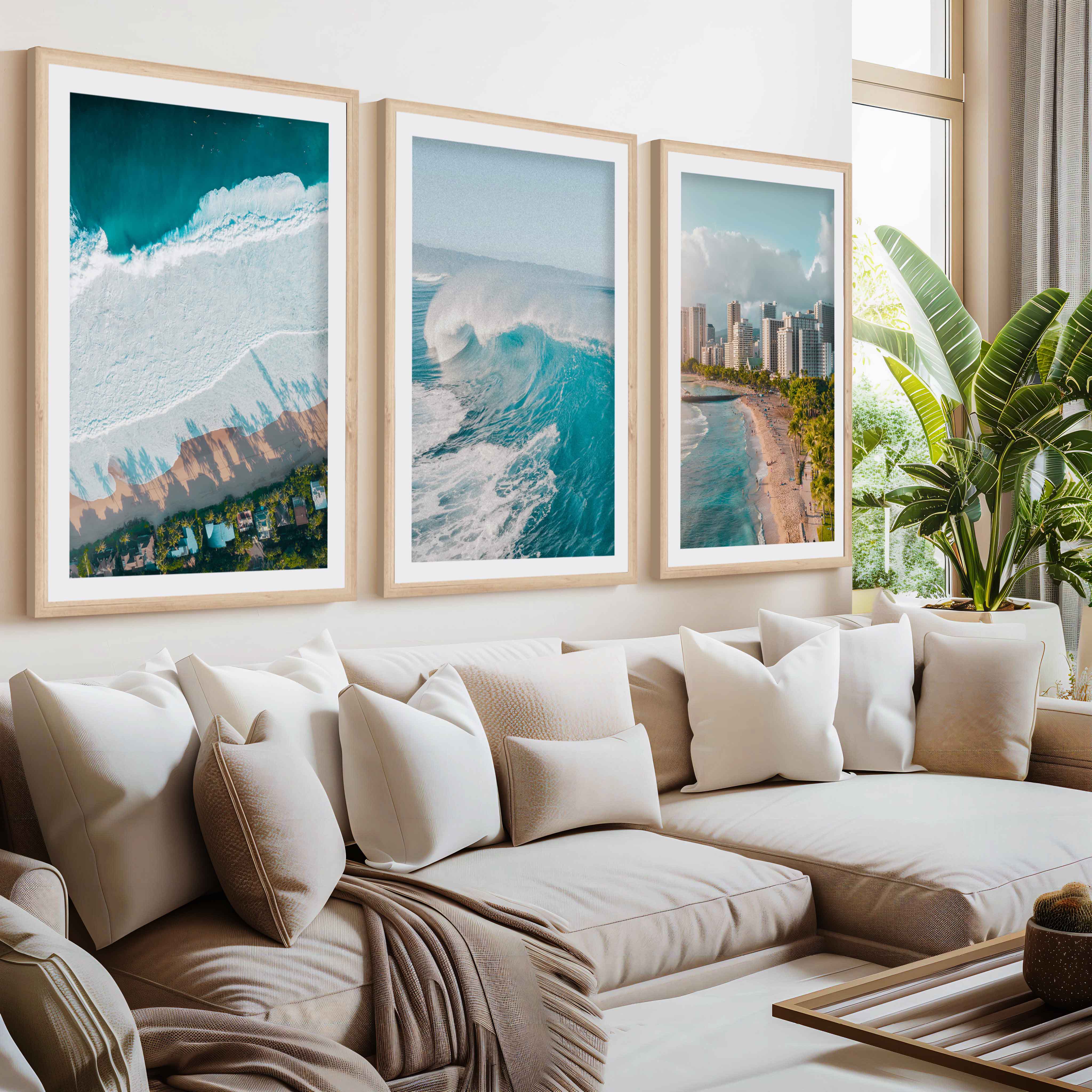 Large Coastal Wall Art – Beachfront City & Wave Print Trio