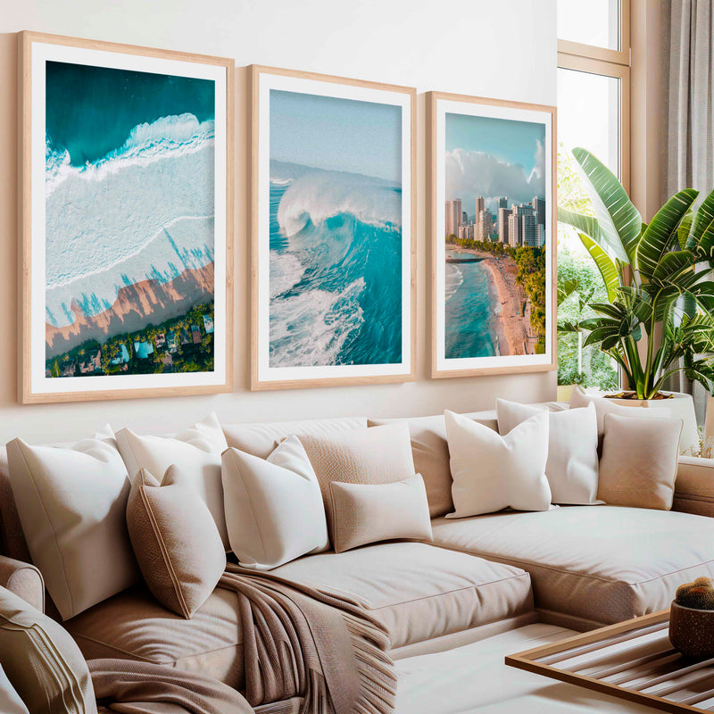 Large Coastal Wall Art – City, Wave & Ocean Panorama (3 Pieces)- Natural Wood Framed Poster with White Border - Artworksets