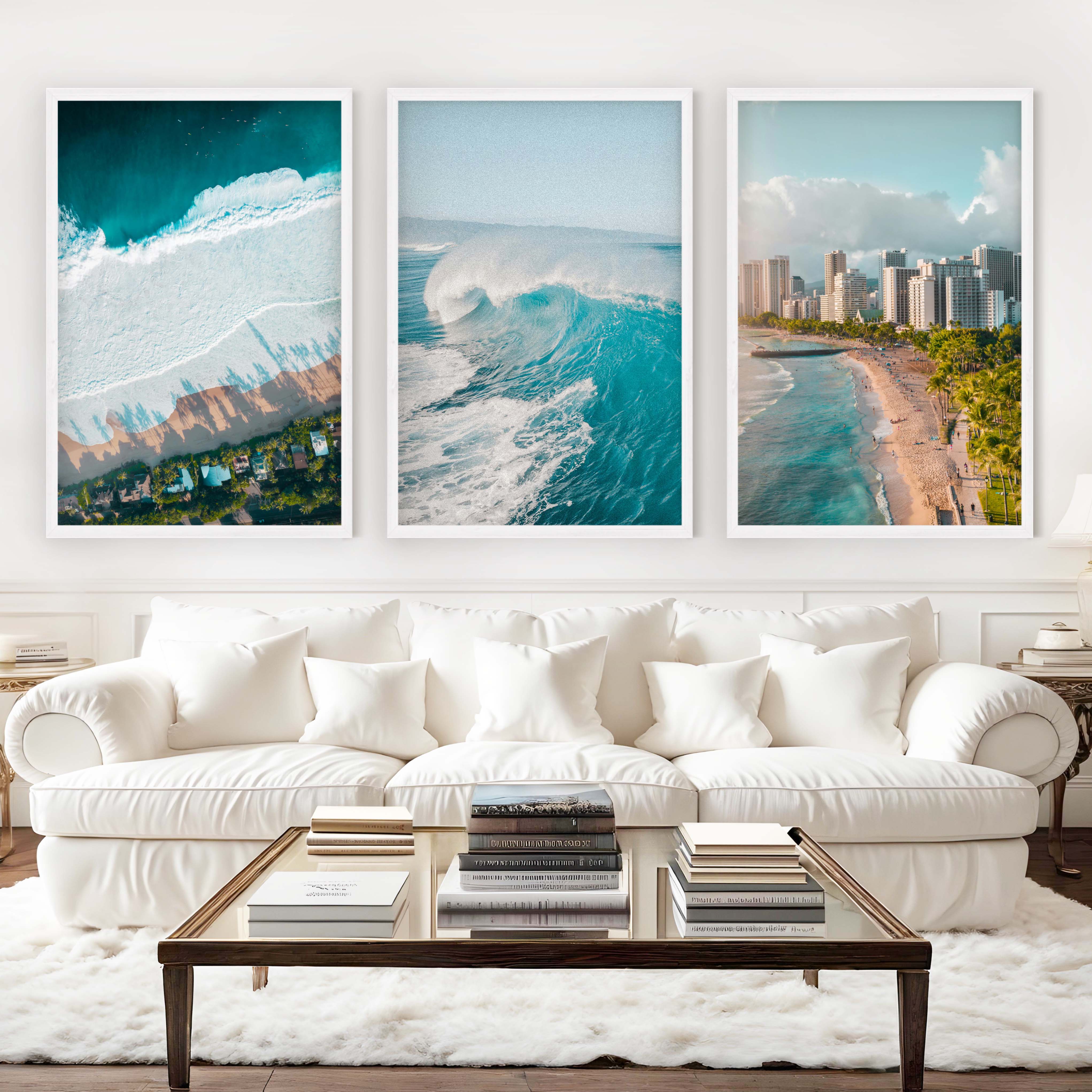 Large Coastal Wall Art – City, Wave & Ocean Panorama (3 Pieces) - White Framed Poster No Border - Artworksets